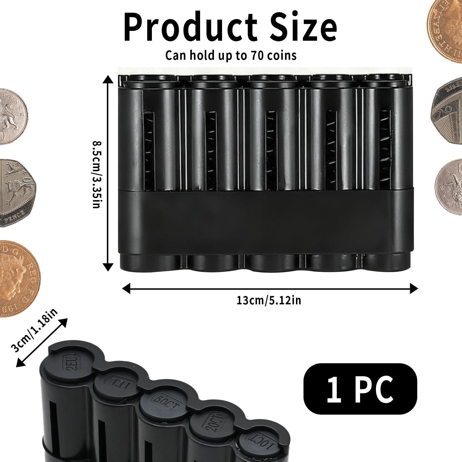 Portamonedas Euro 5 Compartimentos Organizador Monedas Plástico 2€ 1€ 50c 20c 10c Capacidad 70 Monedas 13x8,3x3,4 cm
