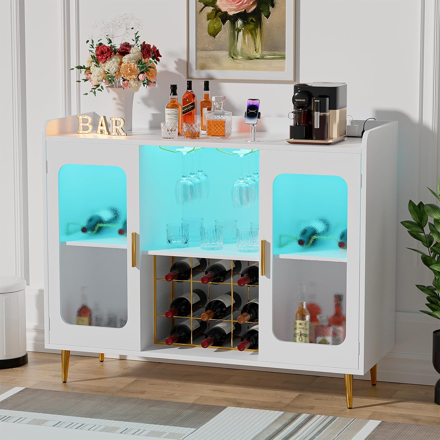 Liquor Cabinet Bar with Power Outlet and LED Light, Wine Bar Cabinet with Wine and Glasses Rack, Home Coffee Bar Cabinet, Buffet Sideboard with Storage Shelf for Kitchen, Dining Room, White