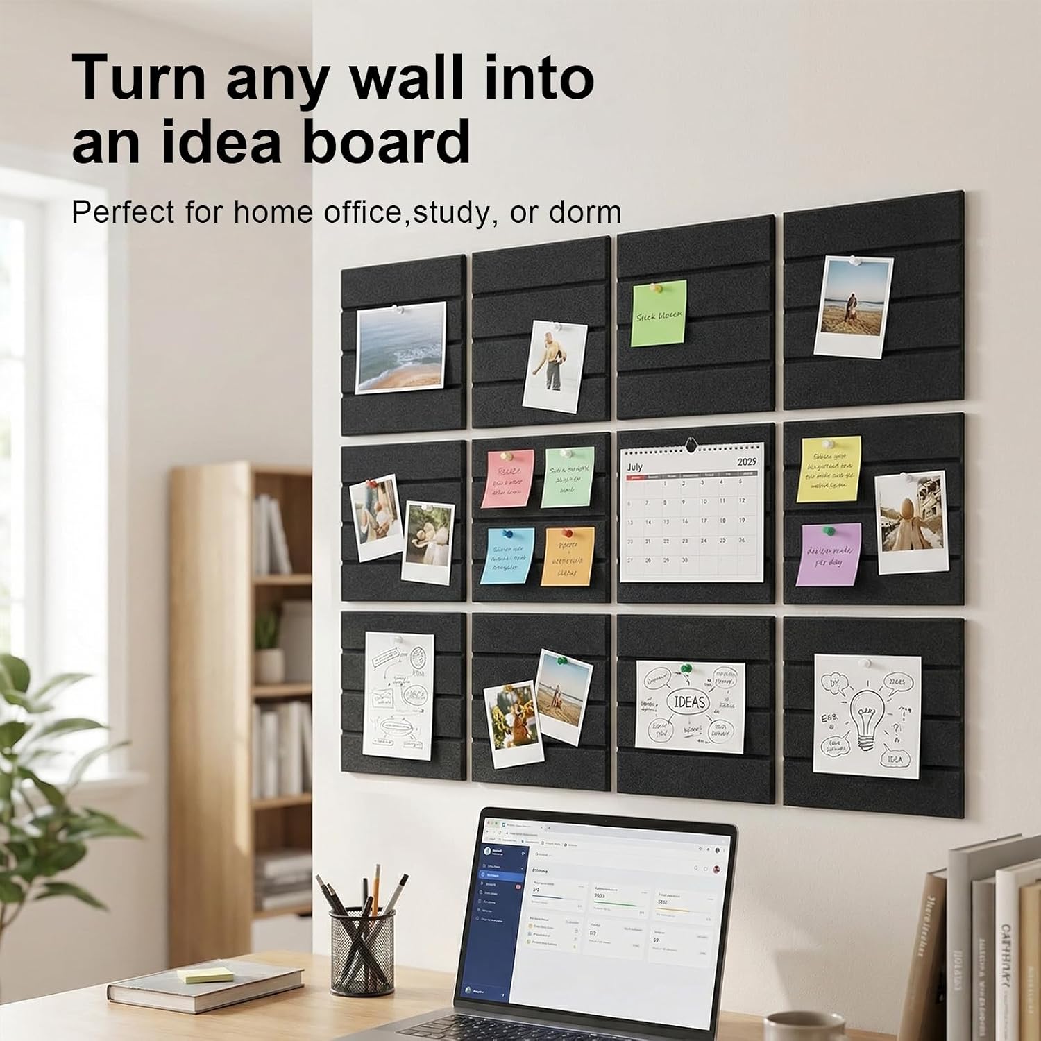 Large Felt Bulletin Board with Self-Adhesive, 48" x 36", Black, Cork Board Alternative, 12 Pack with 36 Pushpins for Wall Home Office Decor