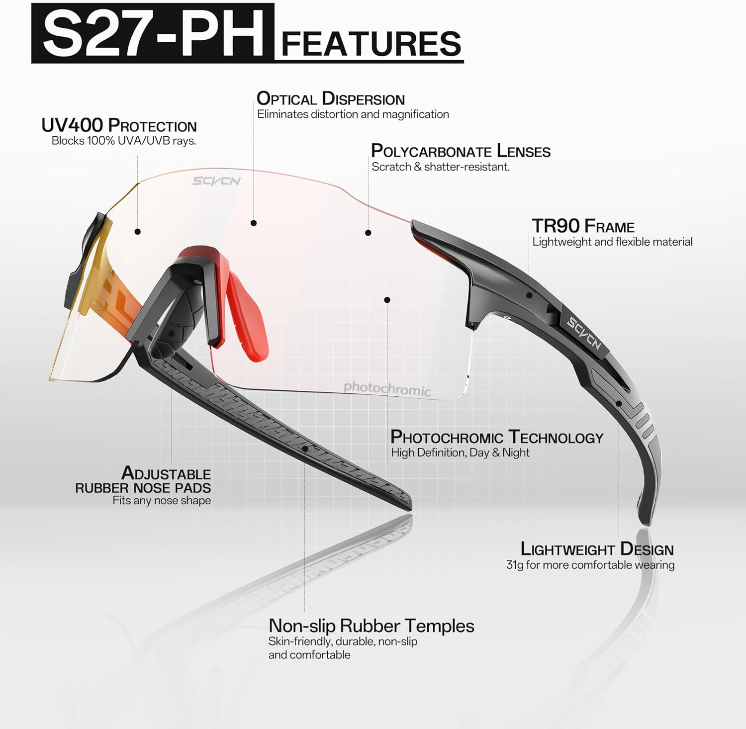 SCVCN Photochromic Cycling Glasses Sports Sunglasses Men Women Clear Bicycle MTB UV400 Protection TR90 Frame Bike - Image 4