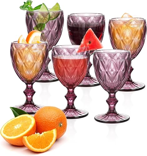 Copas de vino vintage de 8 onzas, juego de 6 copas de cristal transparentes con patrón único en relieve, copas de agua de tallo de colores para