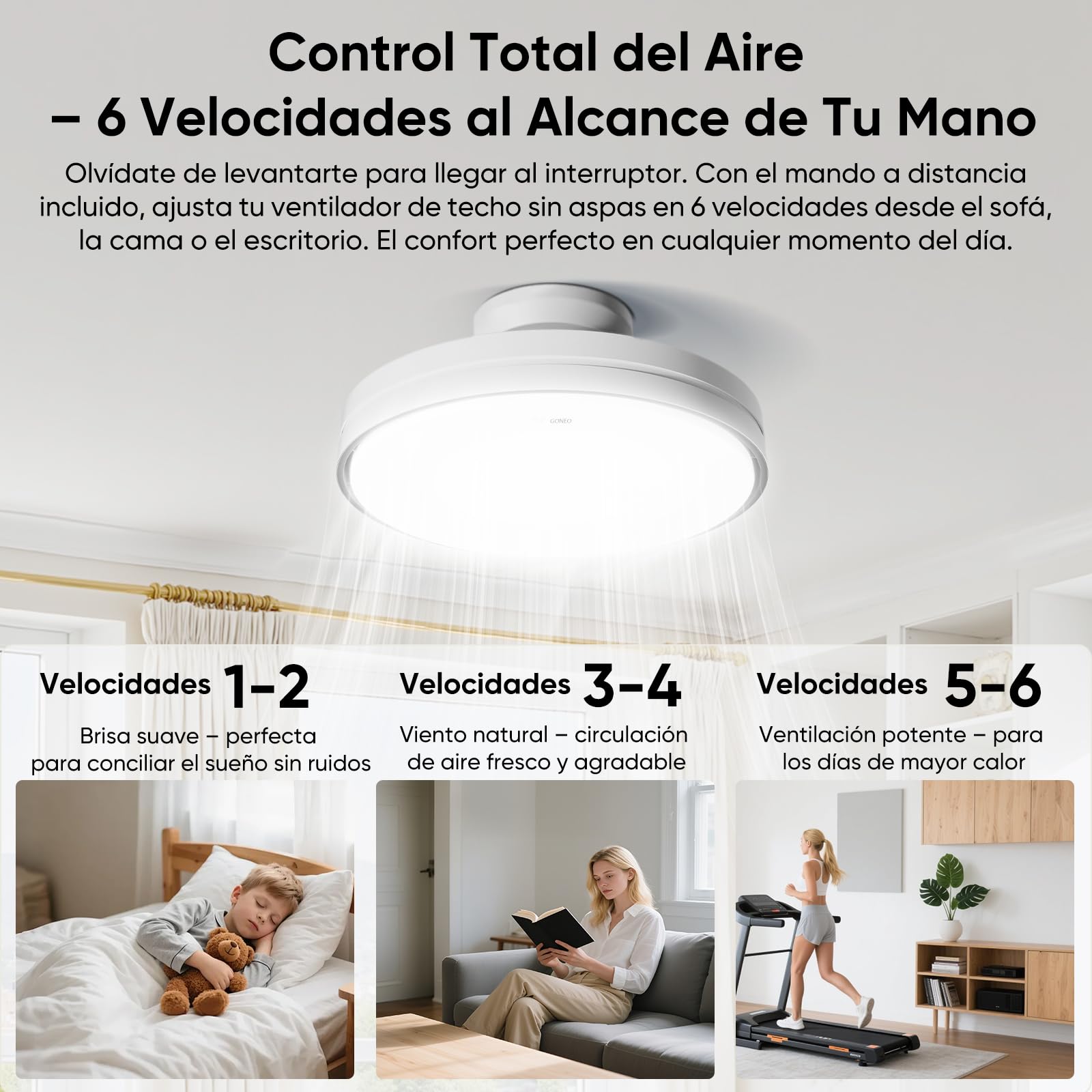 Ventilador de techo con luz LED sin aspas GONEO, ventilador silencioso con mando a distancia, lámpara ventilador para dormitorio e infantil, bajo ruido para dormir, ideal para habitación pequeña