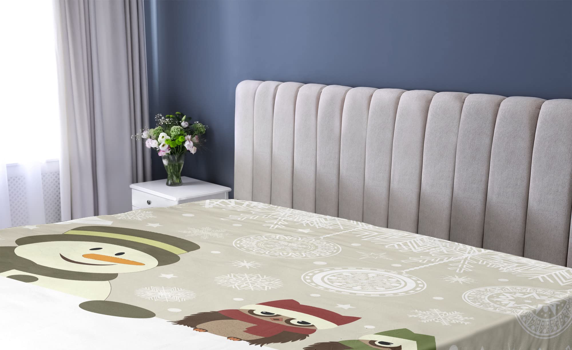 Ambesonne Christmas Fitted Sheet, Snowman Owls in Snowy Winter Day Jingle Bells Snowflake Image, Soft Decorative Fabric Bedding All-Round Elastic Pocket, Full Size, Cream White