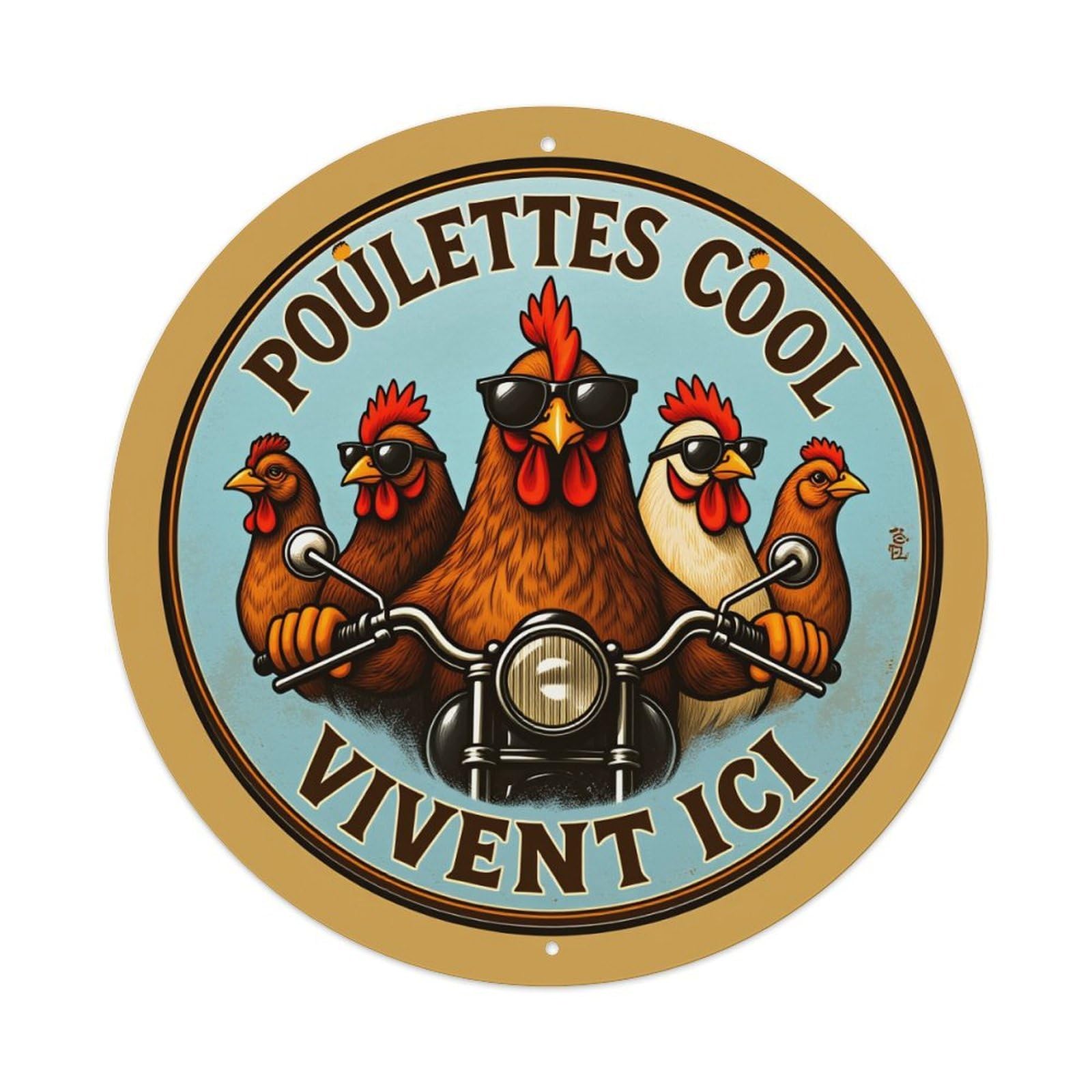 Cool Chickens On Motorcycle Round Tin Sign Vintage Style Metal Sign Home Bar Garden Wall Plaque Decor Metal Poster 8x8 Inch