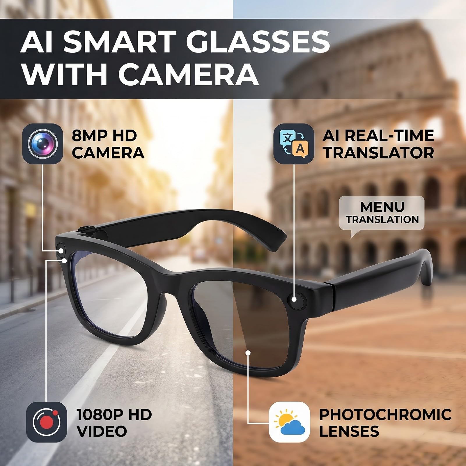 Occhiali Intelligenti AI con Fotocamera, Obiettivo HD da 8 MP Video 1080P Foto da 32 MP, Bluetooth 6.0 Traduzione in Tempo Reale 139 Lingue, ChatGPT, per Viaggi D'affari