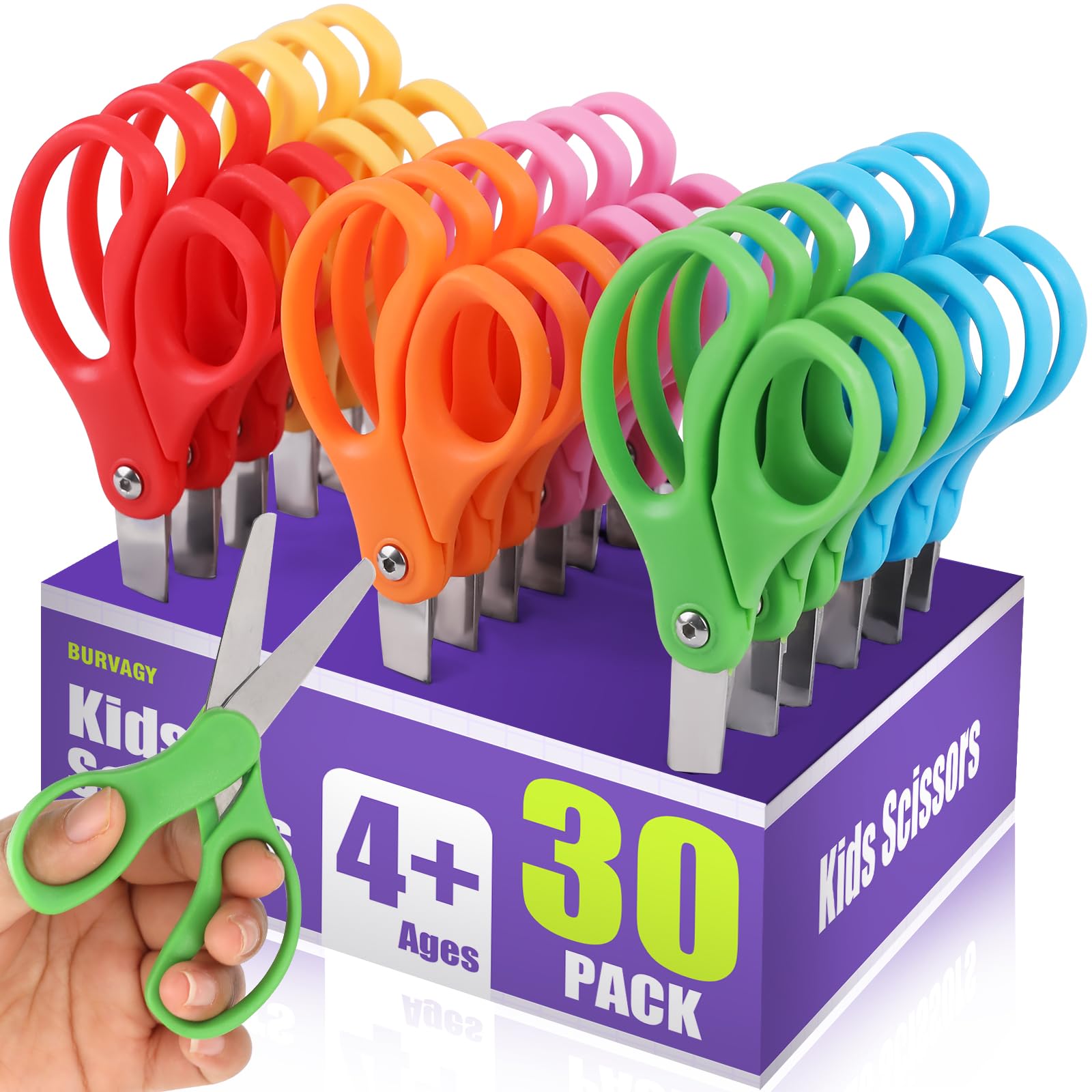 BURVAGY 30 Packs 5" Small School Student Blunt Tip Craft Kids Scissors, Stainless Steel Blades Comfort Grip 5 Inch Safety Scissors Bulk for Children