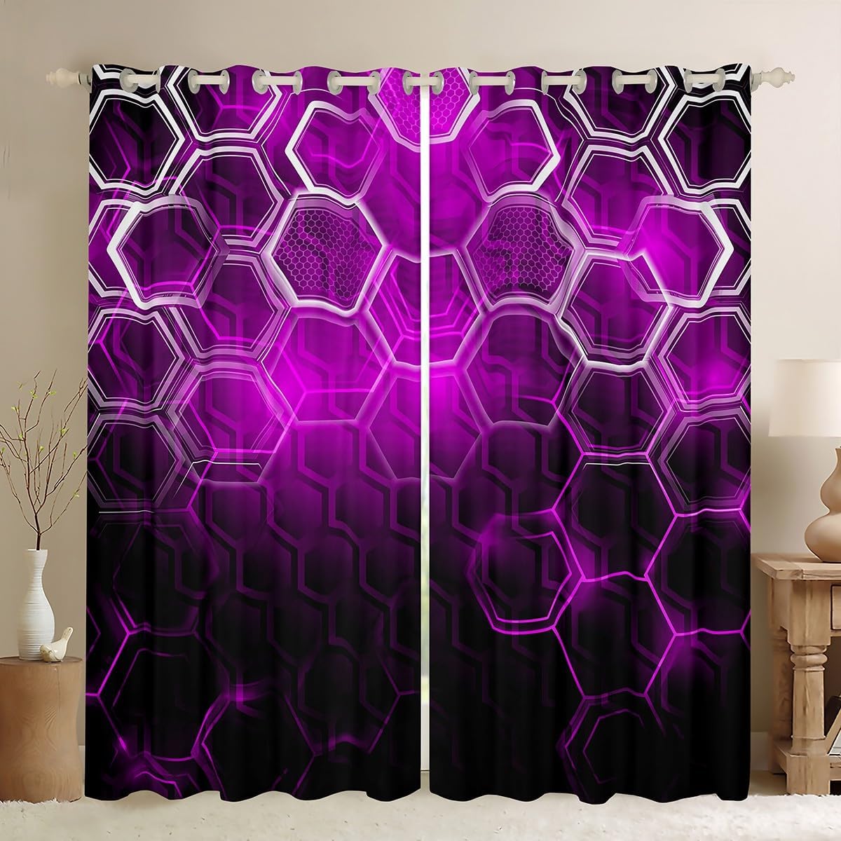 Feelyou Honeycomb Curtains Geometric Hexagon Window Drapes Treatments for Kids Boys Girls Black Purple Neon Lights Window Drapes Modern Fashion Luxury Window Treatments, 52W X 96L,2 Panels