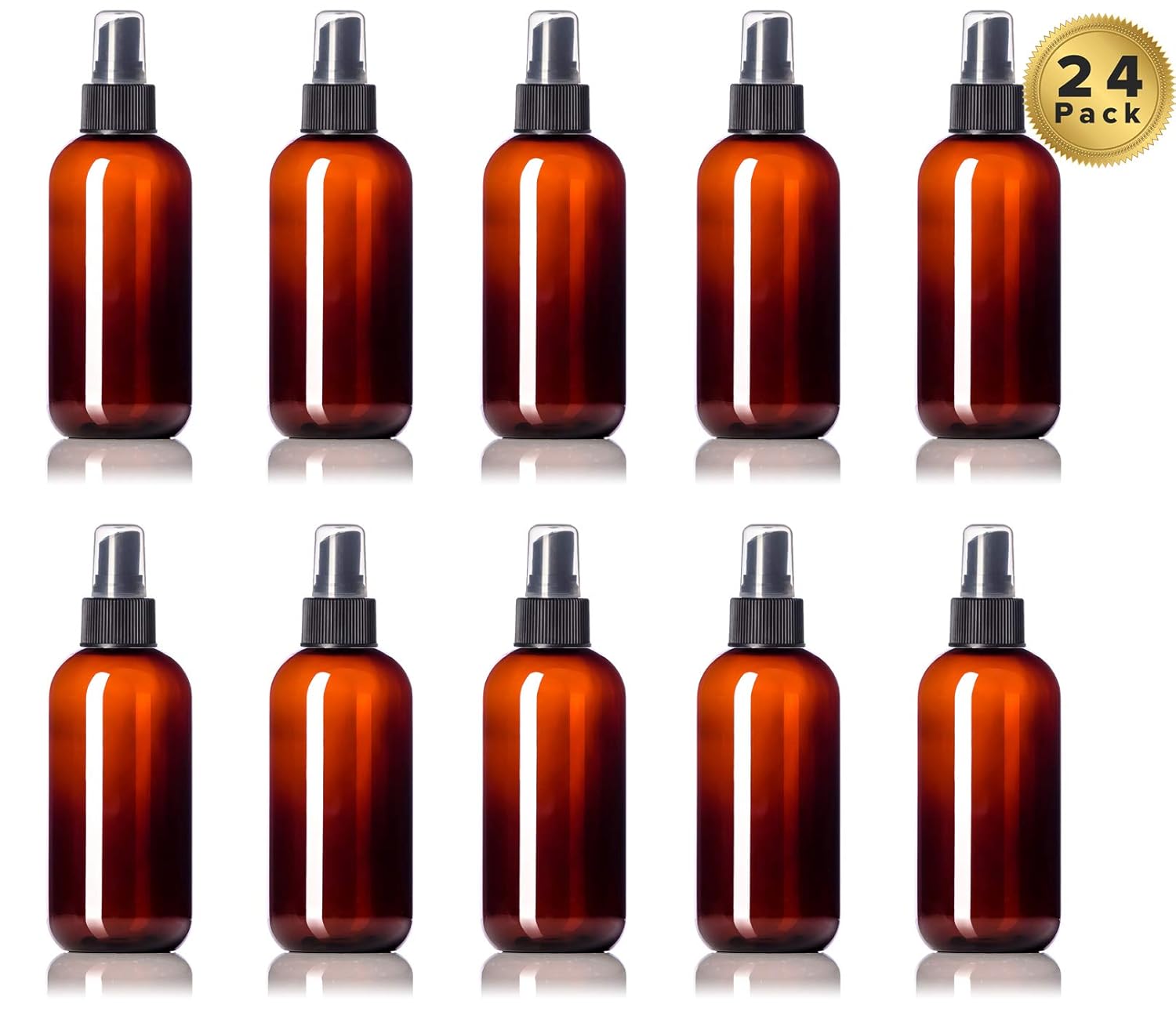 24 Pack 8 Ounce Plastic Mist Spray Bottles- Reusable PET Amber Boston Round ● BPA-Free ● 24 Pcs Value Pack (8 oz, Amber Brown)