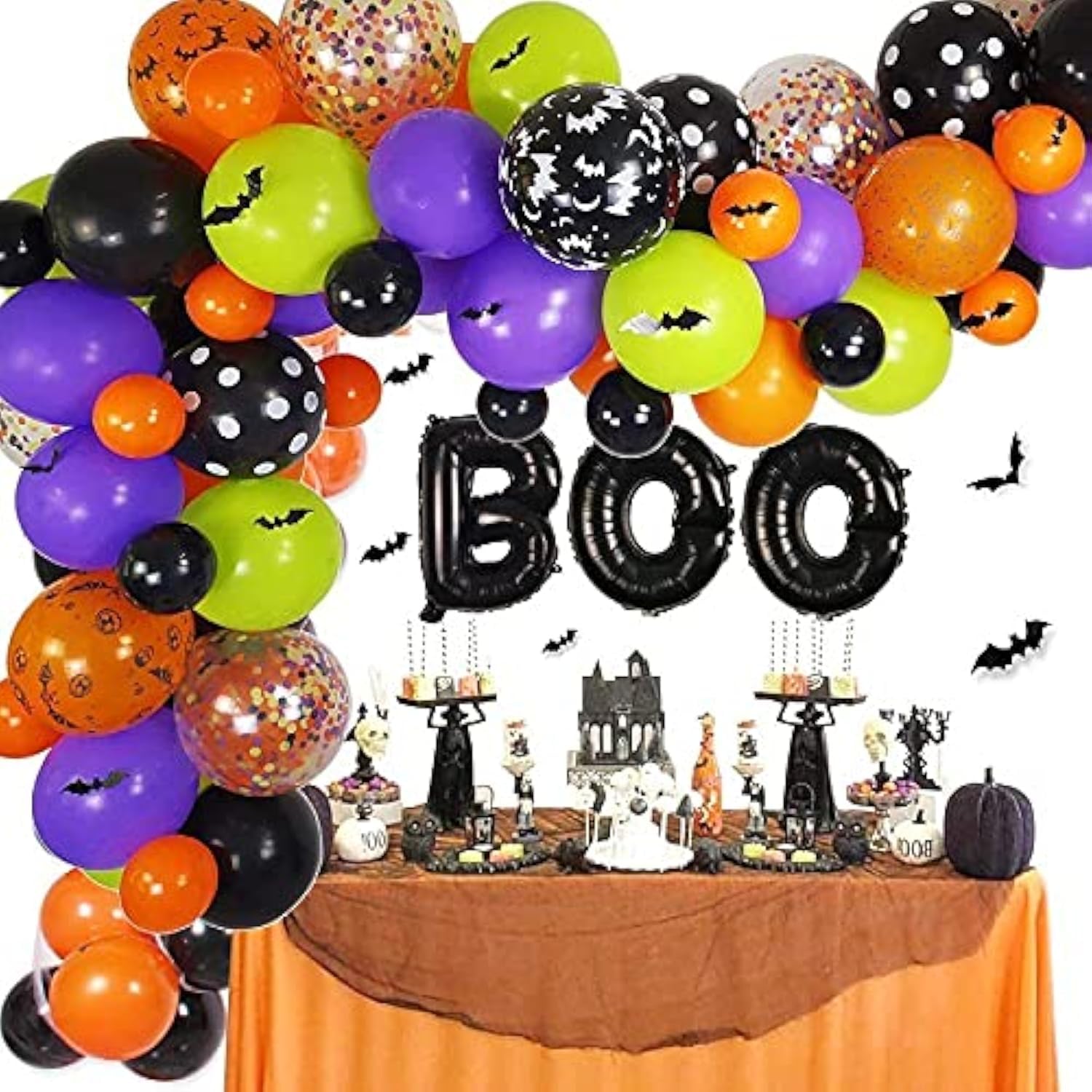ZesNice Halloween Balloon Arch Kit with Boo Balloons, 16ft Strip, 64ft String, 20pcs Dot Glue, Tying Tool, 3D Bat Stickers for Party Decorations