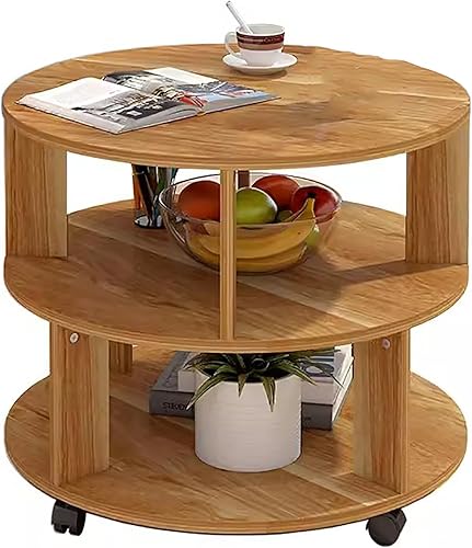 Mesa auxiliar redonda moderna con almacenamiento, mesita de noche con estantes de 2 niveles, mesa de centro pequeña de madera con ruedas, mesa