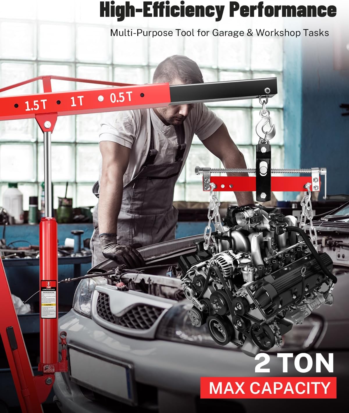 Garvee 2 Ton Engine Hoist Cherry Picker with Lever, 4400 Lbs Capacity with 6 Steel Casters & Foldable Design - Heavy-Duty Portable Hydraulic Crane for Truck Engines, Boat Motors, Farm Equipment