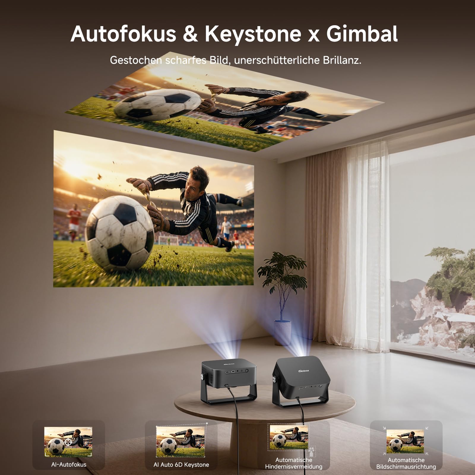 4K Smart Beamer mit Netflix, iSinbox Tageslicht Beamer Autofokus & 6D Trapezkorrektur, Tragbarer Heimkino Projektor mit Schwenkbarer Dolby,WiFi 6＆ Bluetooth 5.3, HDR10+