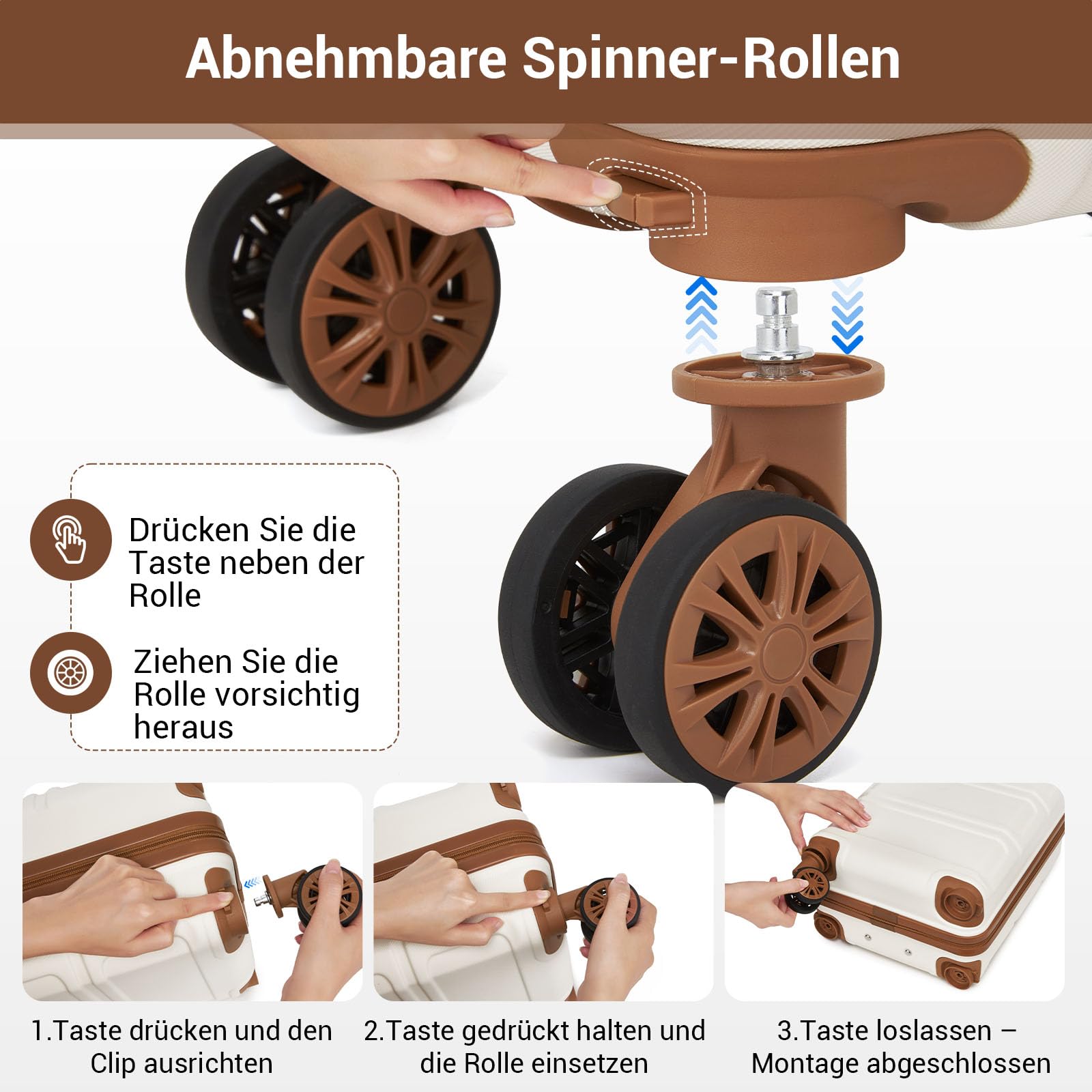 KONO Handgepäck Koffer mit abnehmbaren Rollen, 40x30x20 cm ohne Rollen, Leichter Kabinen-Koffer klein aus ABS+PC für Ryanair, EasyJet & Eurowings (Creme Weiß)