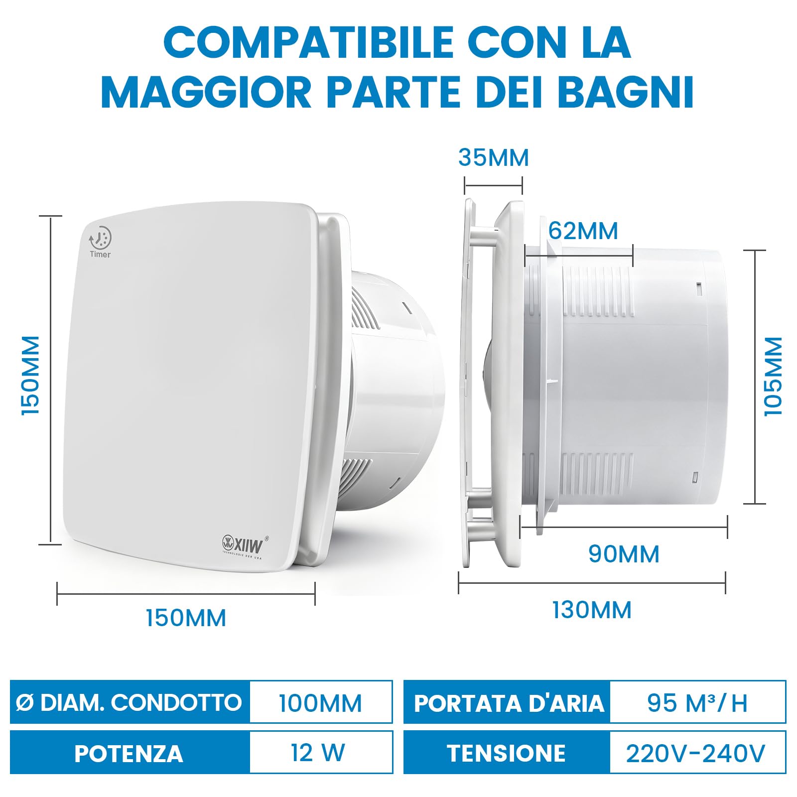 XIIW Aspiratore Bagno 100mm Ventola Aspirazione Bagno con Timer Regolabile Silenzioso 34dB, 95 m³/h, 12W | Estrattore d'Aria con Clapet Antiritorno e IPX4, Ventilatore Per WC, Cucina - Bianco