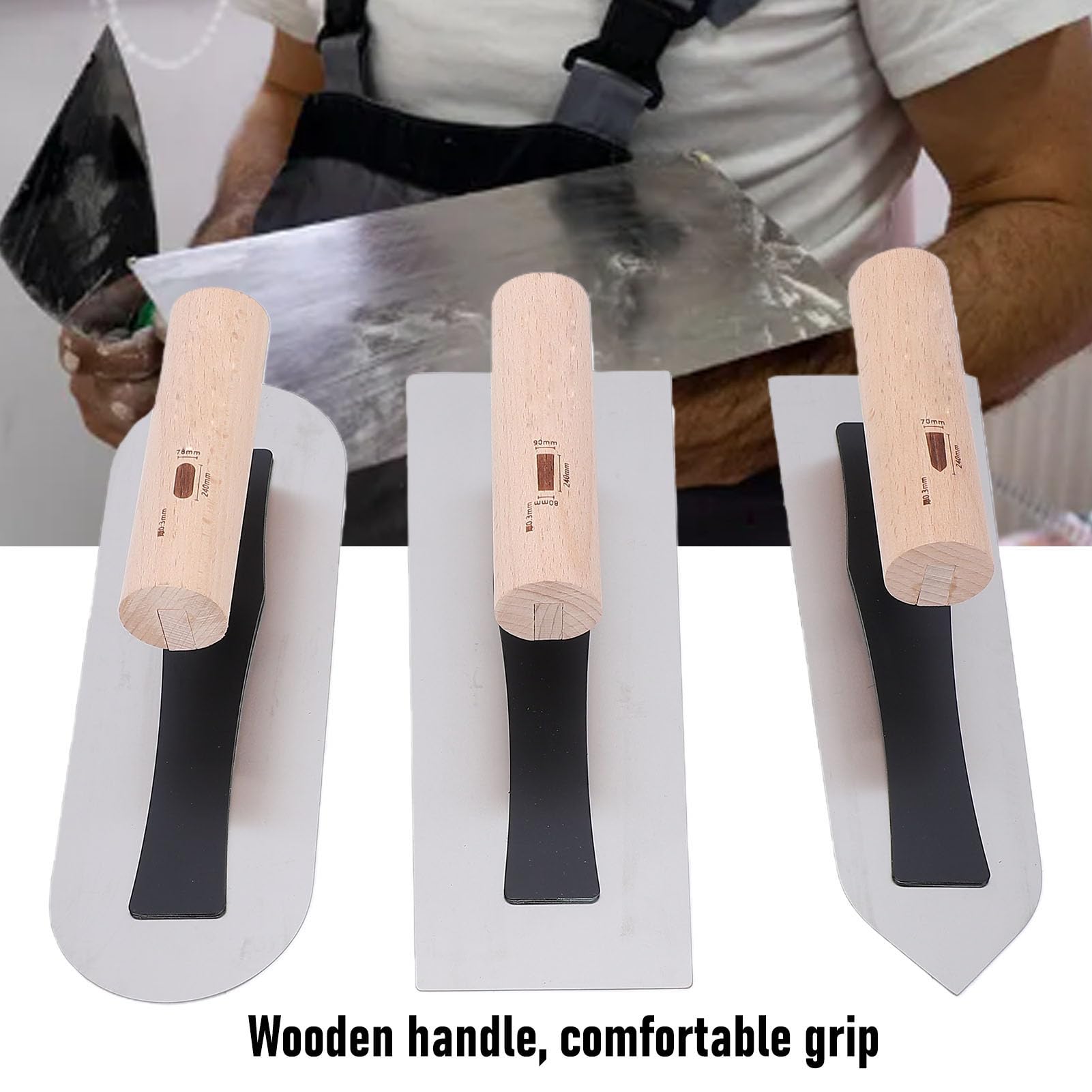 Fockety Set di 3 Spatole per Intonaco, 3 Spatole per Cartongesso con Manico in Legno, Attrezzi per Intonacatura Manuale in Acciaio Inossidabile Lucidato per Riparazioni di Cartongesso e