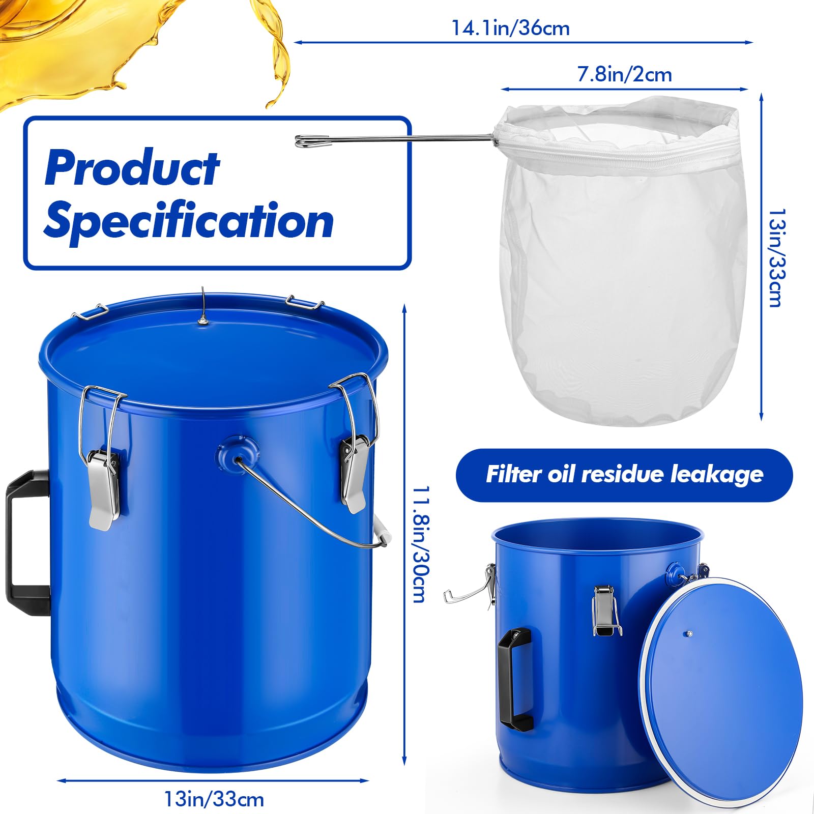 Cubo de transporte de aceite para freidora de 6 galones con tapa, bandeja de eliminación de aceite de acero con revestimiento antioxidante, asa, clips de bloqueo para transporte de aceite,