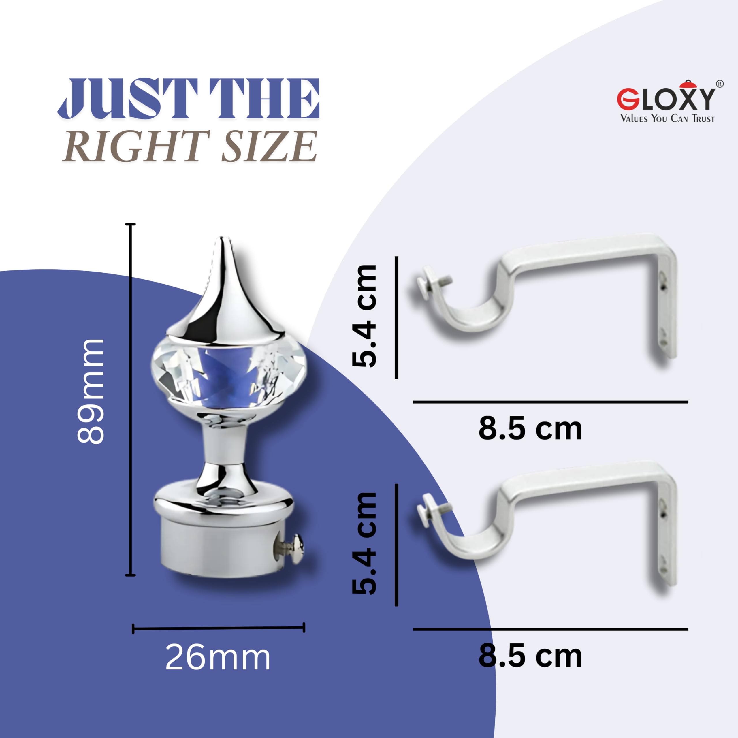 GLOXY Aluminium Single Diamond Curtain Brackets Finials Chrome Finish with Blue Crystal Combo Pack of 6 Pairs for 1 Inch Rod - Curtain Holders with Wall Support Fittings for Windows & Doors 3