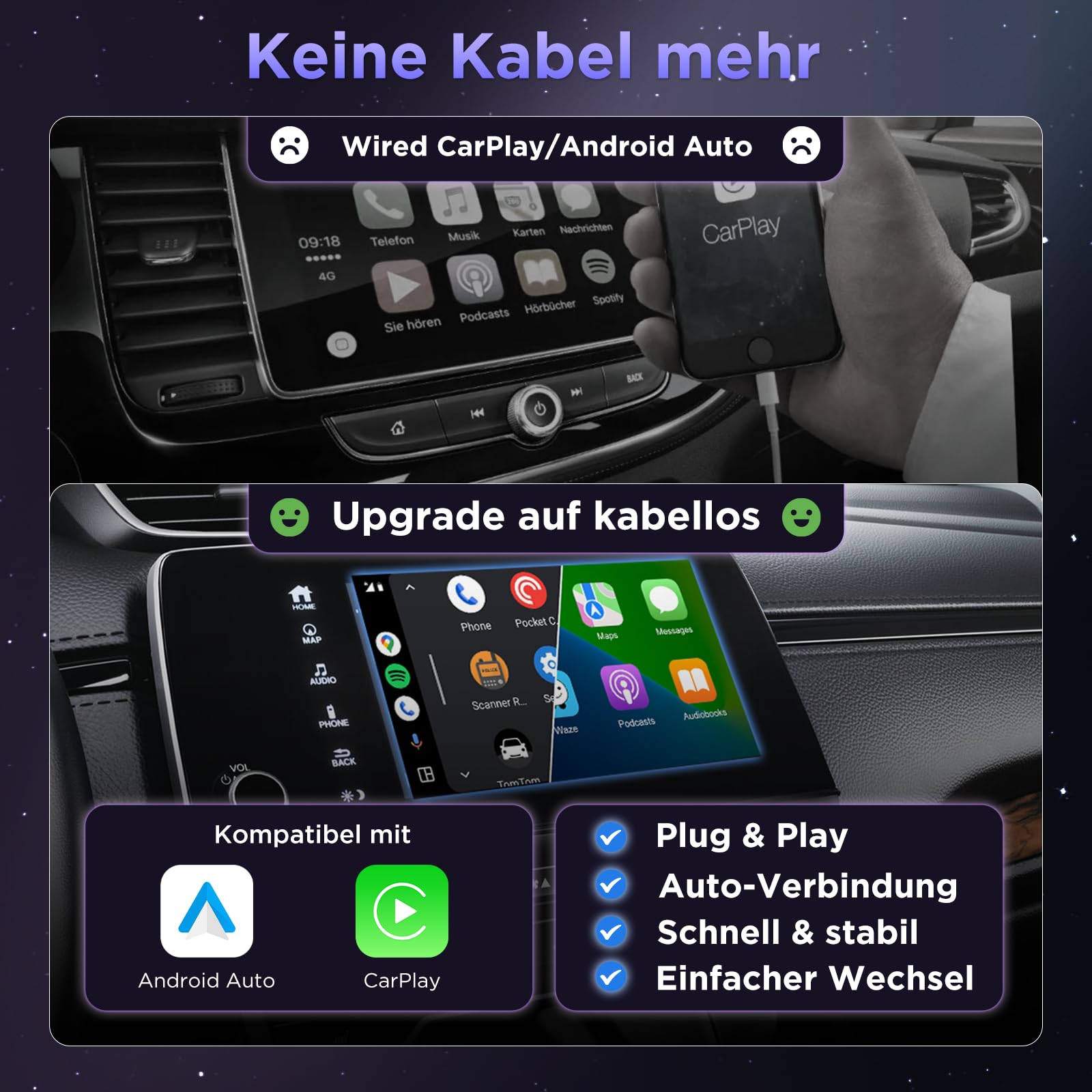 MSXTTLY CarPlay Wireless Adapter U2AC-01 Android Auto USB-C/A Schwarz