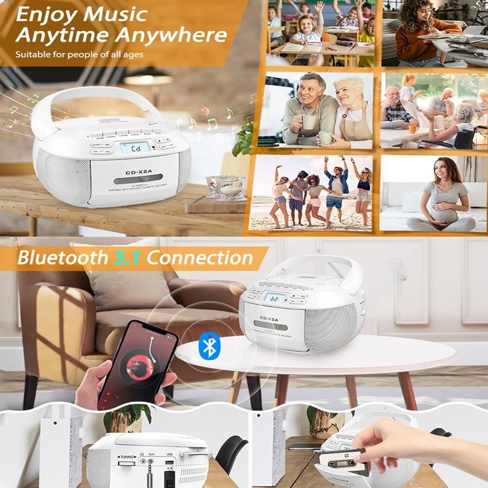 Lettore CD portatile con cassetta, FM, Bluetooth 5.1, USB/AUX, altoparlante stereo, registrazione, telecomando (nero)