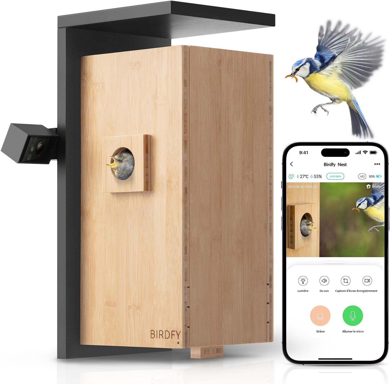 Birdfy Nichoir Oiseaux Avec Caméras Intelligente, Cabane Pour Éclore Oiseaux Jardin Terrasse Maison Avec Deux Caméras Connectées AI Identifie Comportement Oiseaux & Crée Histoire Nid Oiseau En Bambou