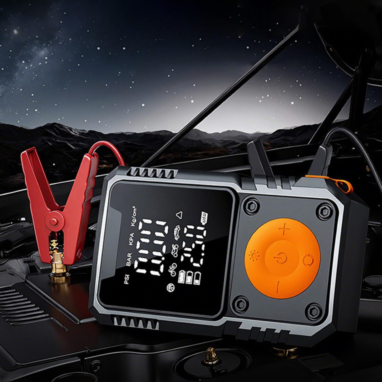 Avviatore di emergenza per auto da 7200 mAh e pompa ad aria con gonfiaggio 150 PSI, ricarica di tipo C, illuminazione a LED, materiale ABS, design portatile (4 x 1500 mAh)