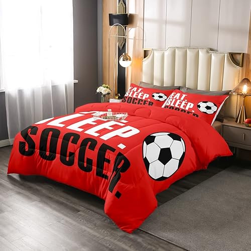 Miniatura 2 de Feelyou Juego de edredón de fútbol con balón de fútbol, juego de ropa de cama deportiva para niños, niñas, mujeres y hombres, juego de edredón rojo
