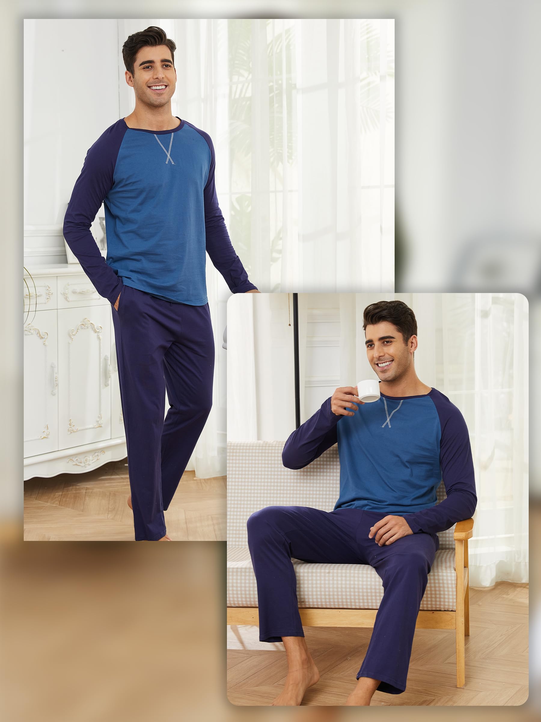 Reliwel Pigiama Uomo Cotone Leggero Pigiama Uomo Cotone Lungo Colori Contrastanti Girocollo a Maniche Lunghe e Pantaloni Due Pezzi Leggero Morbido