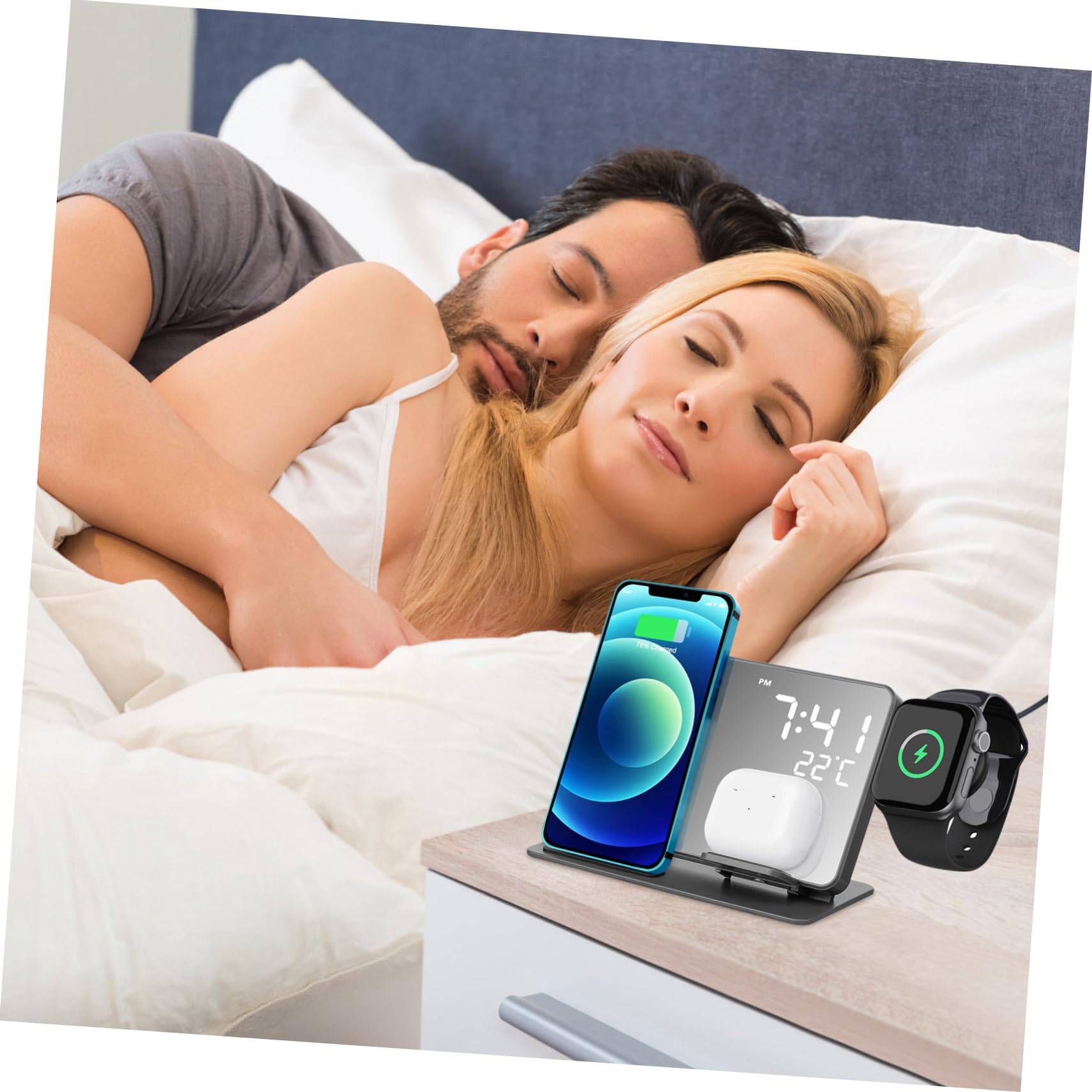 Stazione di Ricarica Wireless per Telefono Supporto di Ricarica per Smartwatch e Auricolari con Orologio Digitale e Display Temperatura Protezione Sicura