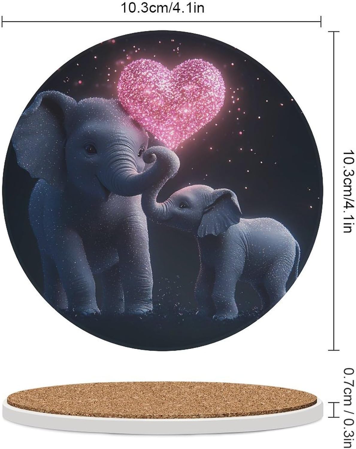 Elephant Mom Love Heart Coasters for Drink Round Ceramic Coaster with Cork Base Home Decorative 6PCS
