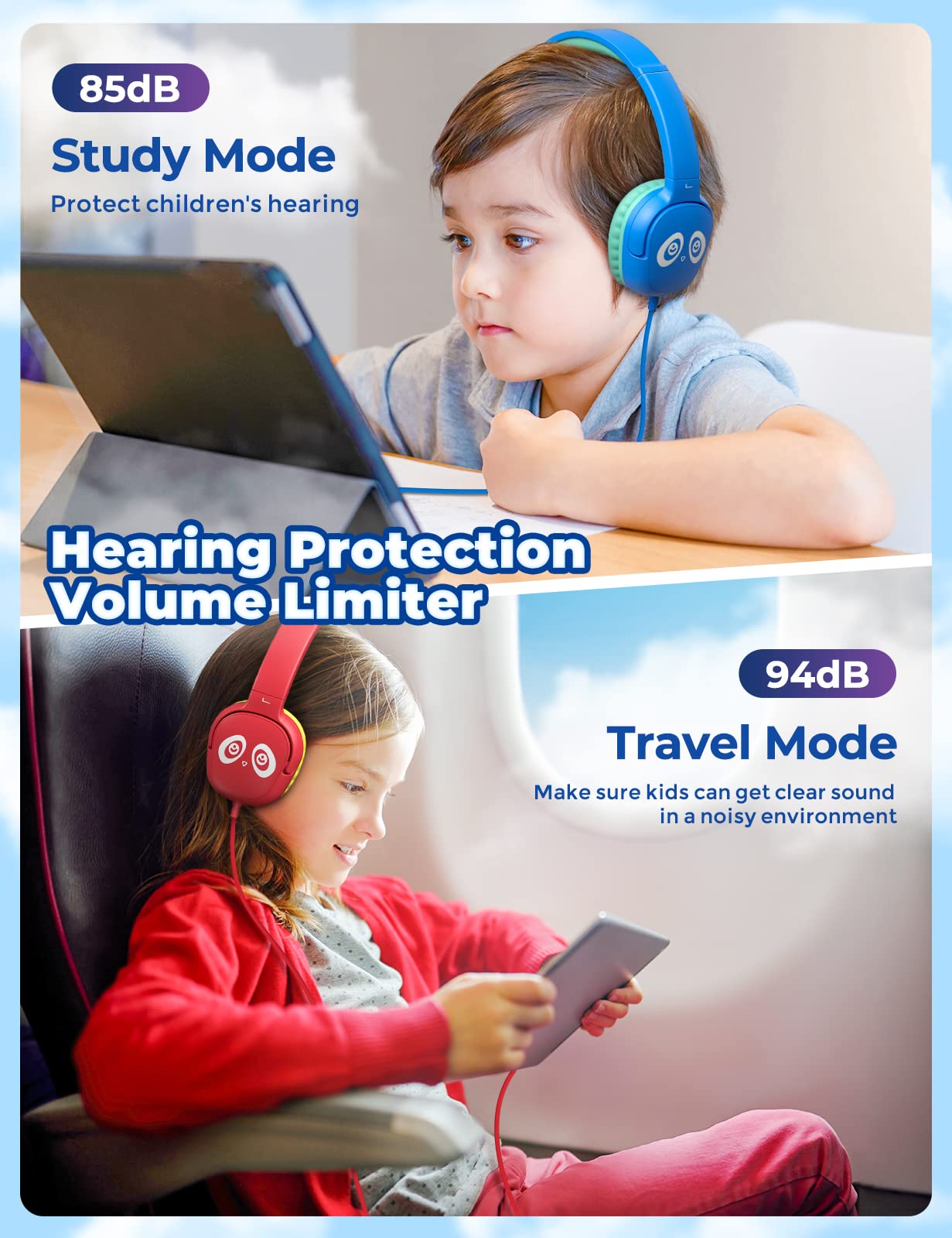 Auriculares para niños con cable, auriculares para niños con micrófono para niños y niñas, volumen limitado de 85 dB/94 dB, auriculares plegables para niños pequeños para escuela, avión, 2
