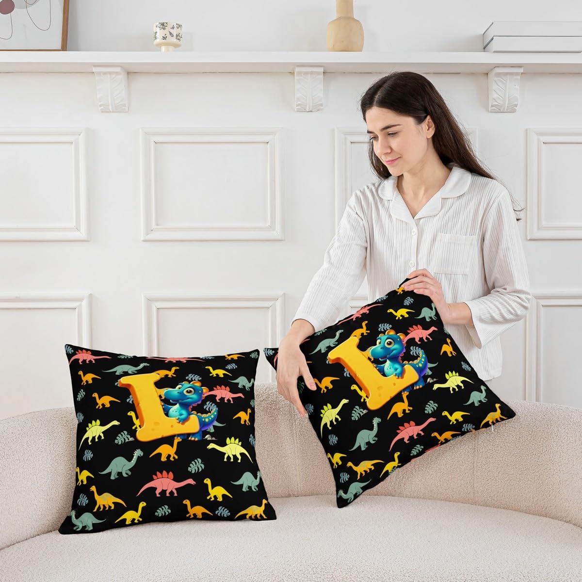 Feelyou Kids Cute Cartoon Dinosaur Throw Pillow Covers 24"x24" 1Pcs Personalized Initial L Cushion Case for Boys Girls Kawaii Jungle Dino Funny Alphabet Pattern Decor Pillowcase Home Decor