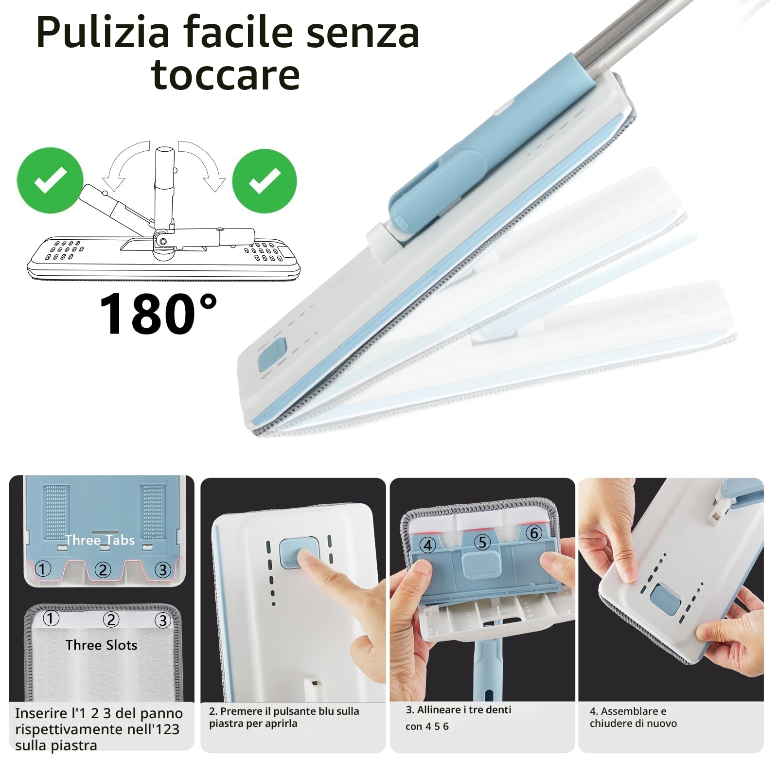 Set di secchio per mocio rotante con strizzatore rotante a 360 gradi e 2 panni in microfibra con manico telescopico facile da premere con centrifuga a secco, set in microfibra per la pulizia della