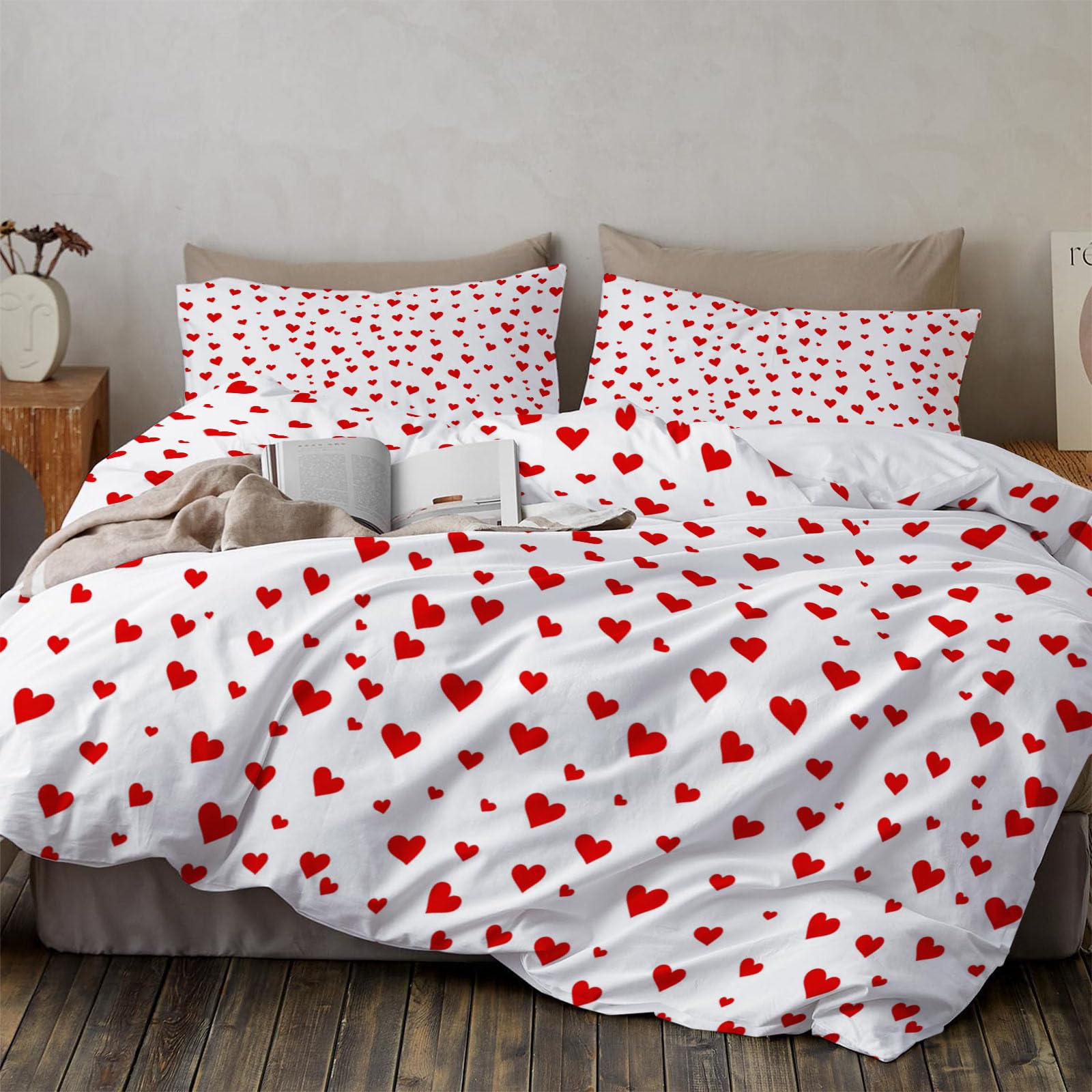 Housse de couette 240x260cm cœur rouge et blanc parure de lit romantique