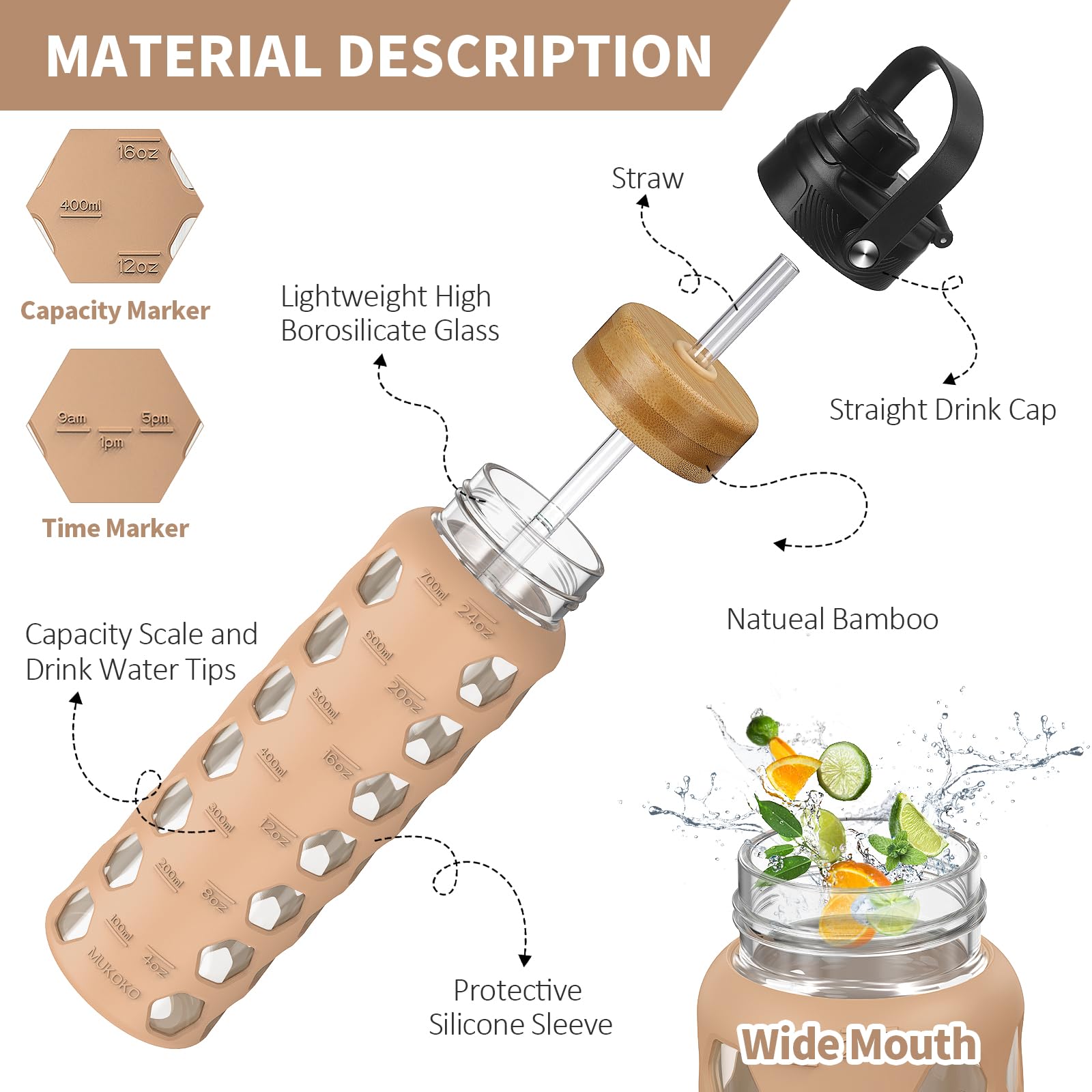 HYDRAGLAZIC 700ML Glass Water Bottle with 2 Flip and Bamboo Straw Lids Sports Water Tumbler with Time Reminder and Silicone Sleeve Leak-proof BPA Free - Image 4