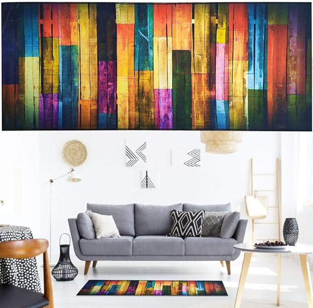 KLYNGTSK Non-Slip Bath Mat Flannel Hall Runner Kitchen Runner Rug Absorbent Bathroom Rug Boho Area Rugs for Floor Protection Bedroom Corridor Hallway Outdoor Carpet (40 * 100CM,Colorful Wood Stripe)