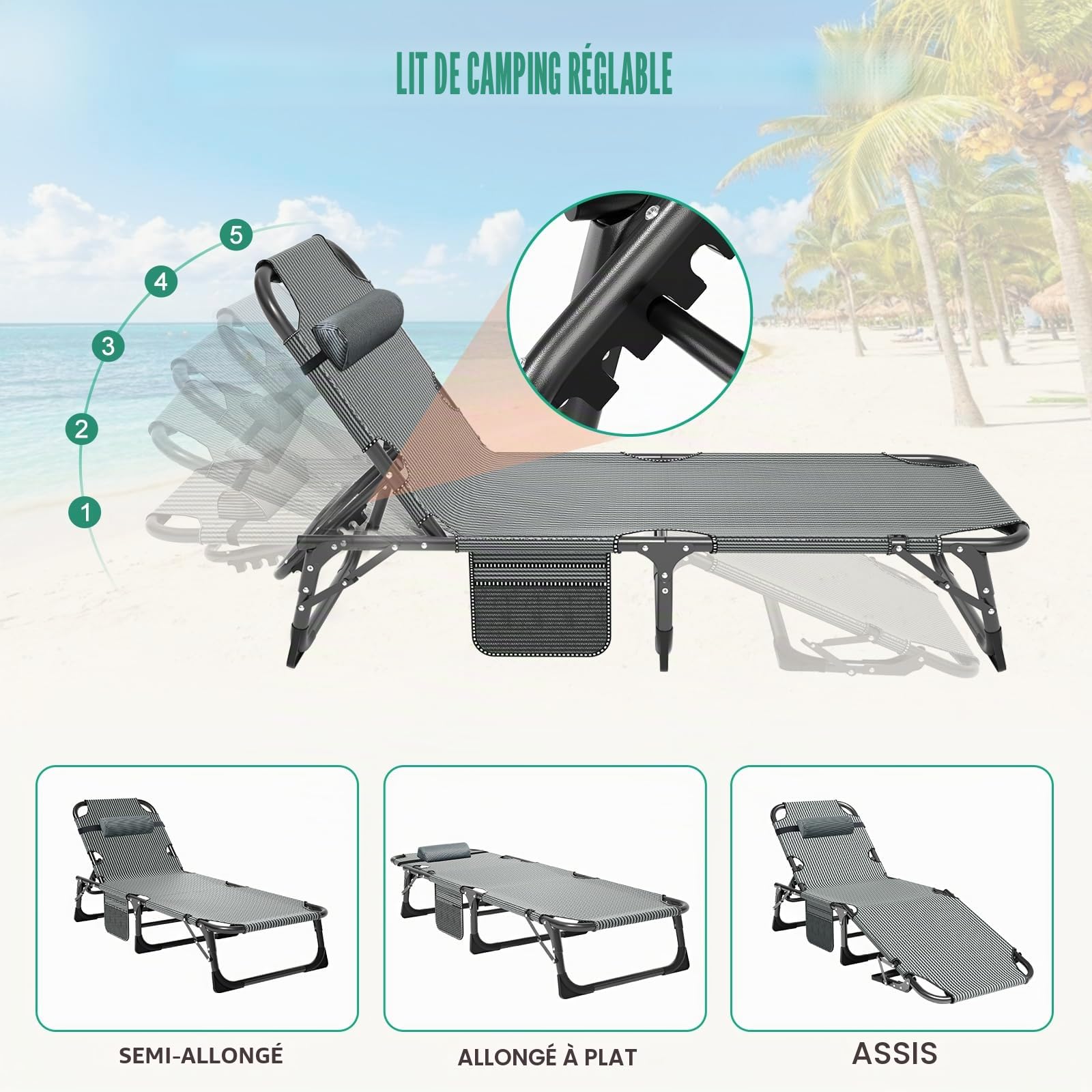 Chaise longue pliante avec matelas - Grande chaise de jardin pliante avec poche latérale et appuie-tête - Lit de camping pliable pour l'extérieur et l'intérieur