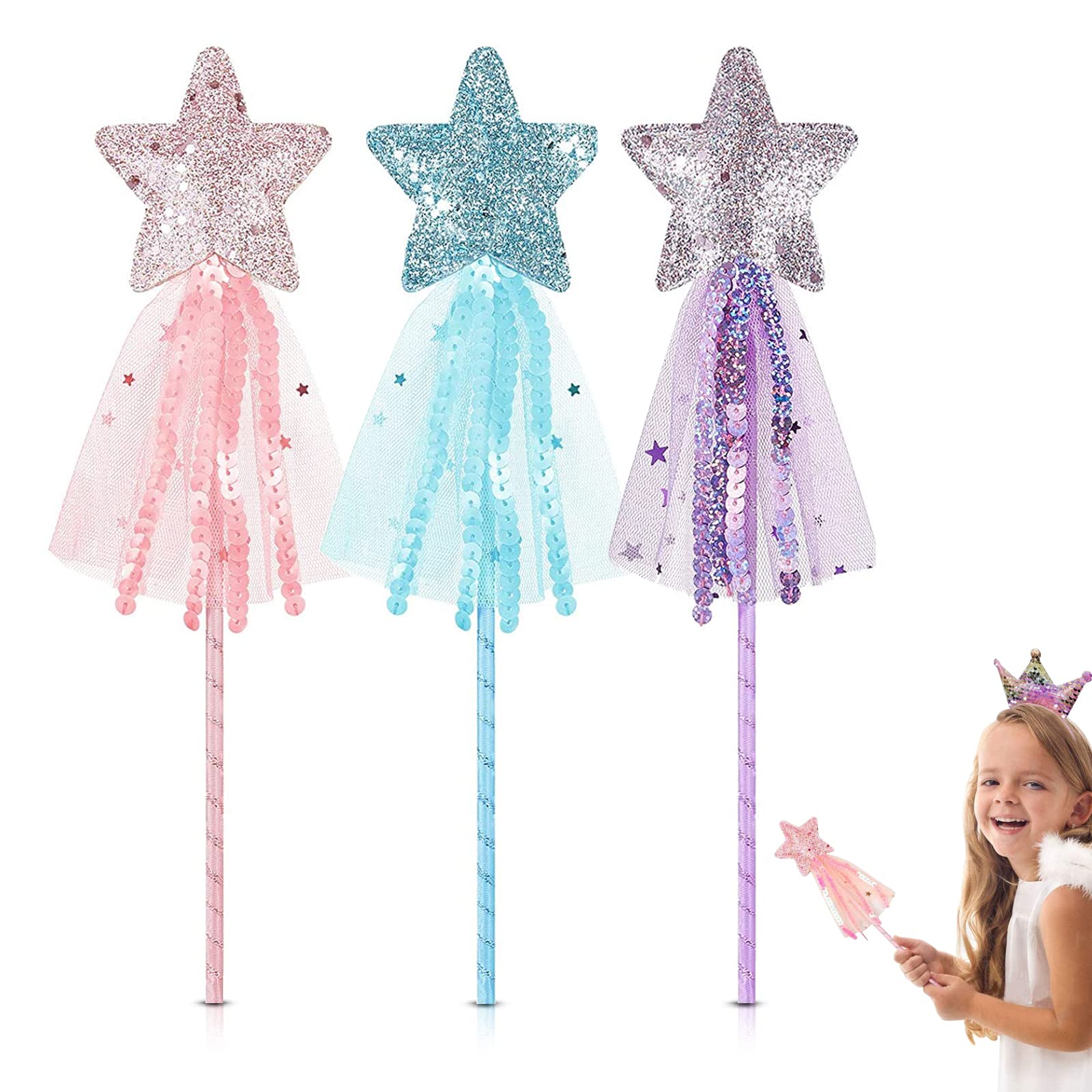 3Pcs Star Wand, Princess Wand Fairy Wand Glitter Star Wand Performance Fairy Stick for Girls Christmas Costume Prop Cosplay Birthday Party Supply
