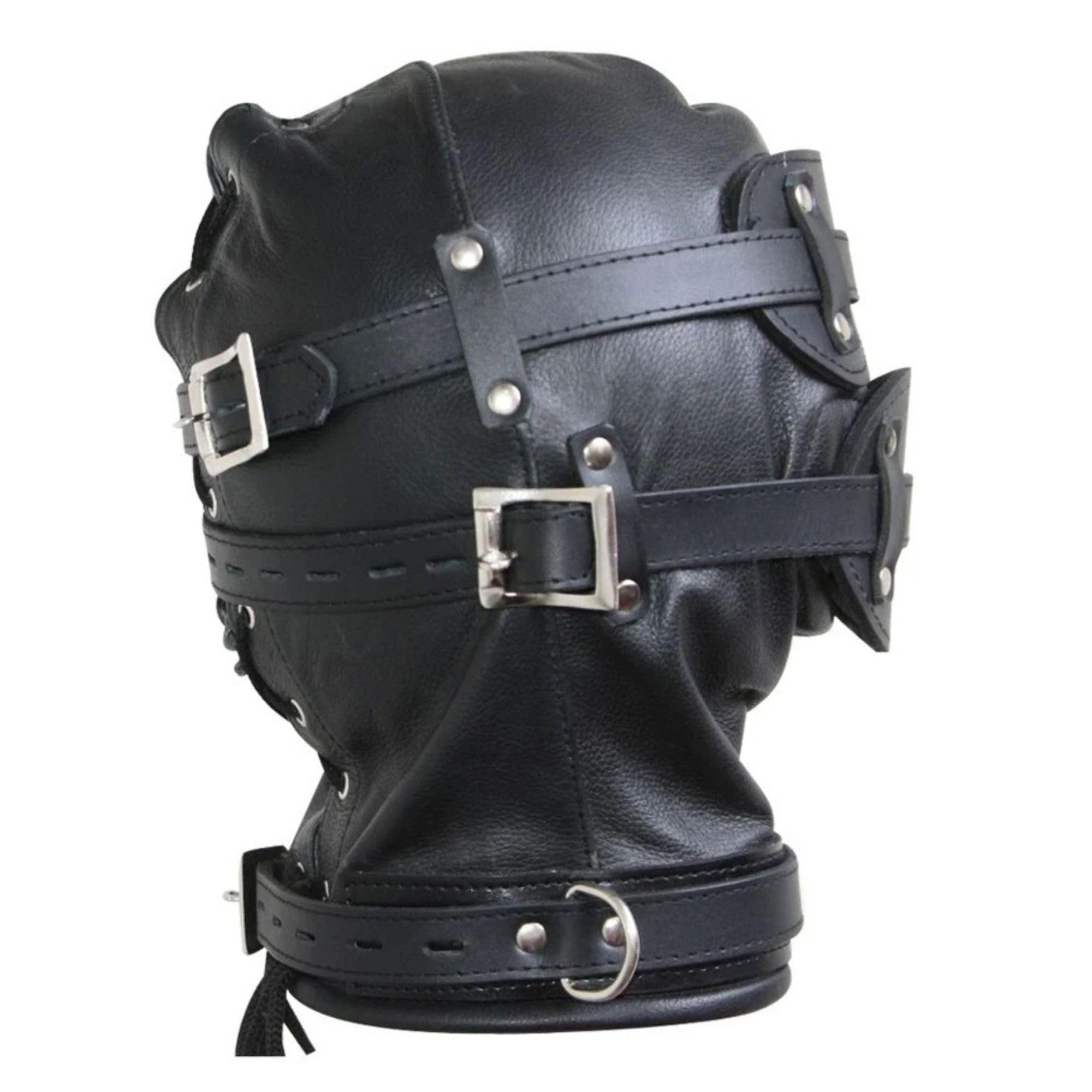 Generico Maschera integrale fatta a mano in vera pelle con cappuccio imbottito maschere di Halloween per adulti per cosplay da uomo sottile con 3 fori