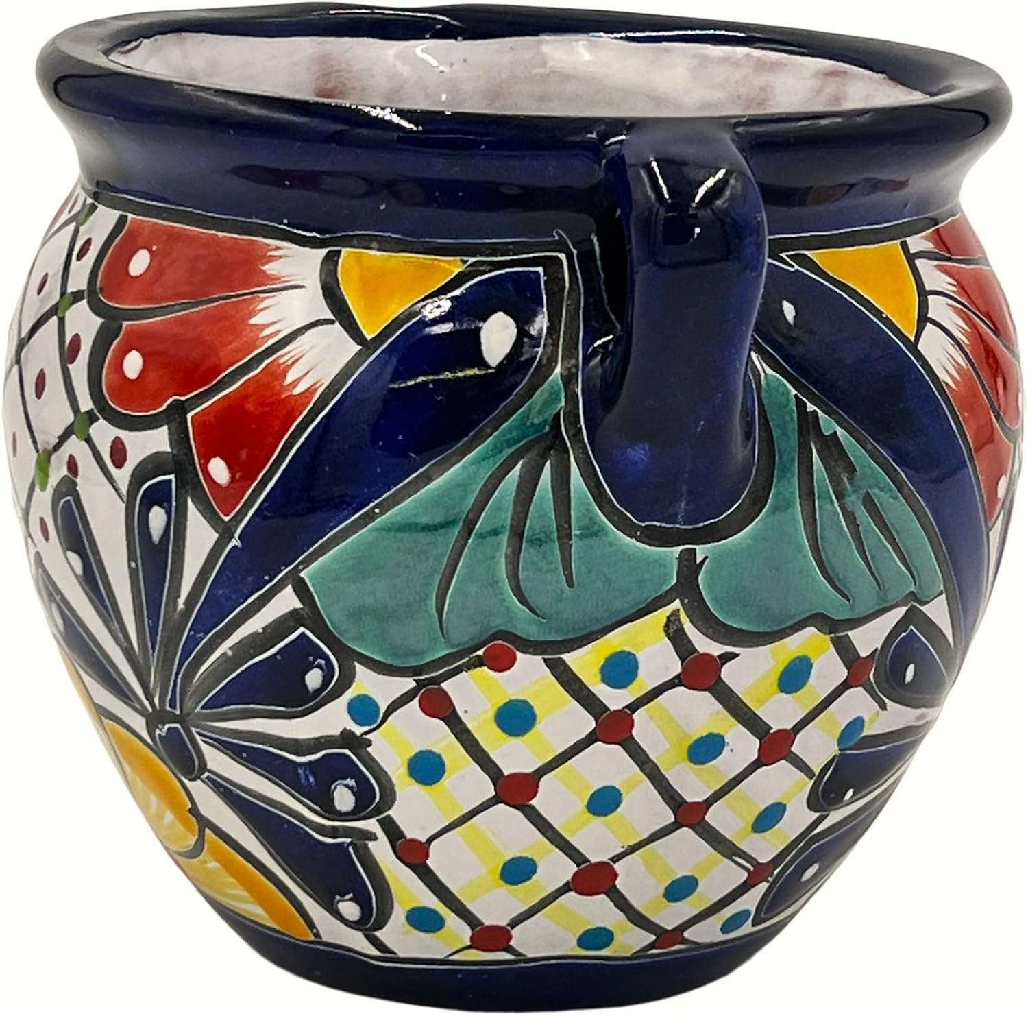 Cactus Canyon Ceramics Michoacano Mexican Talavera Pot (7" D x 7" W x 6.5" H) Dark Blue Trim, Hand Painted Mexican Home Decor