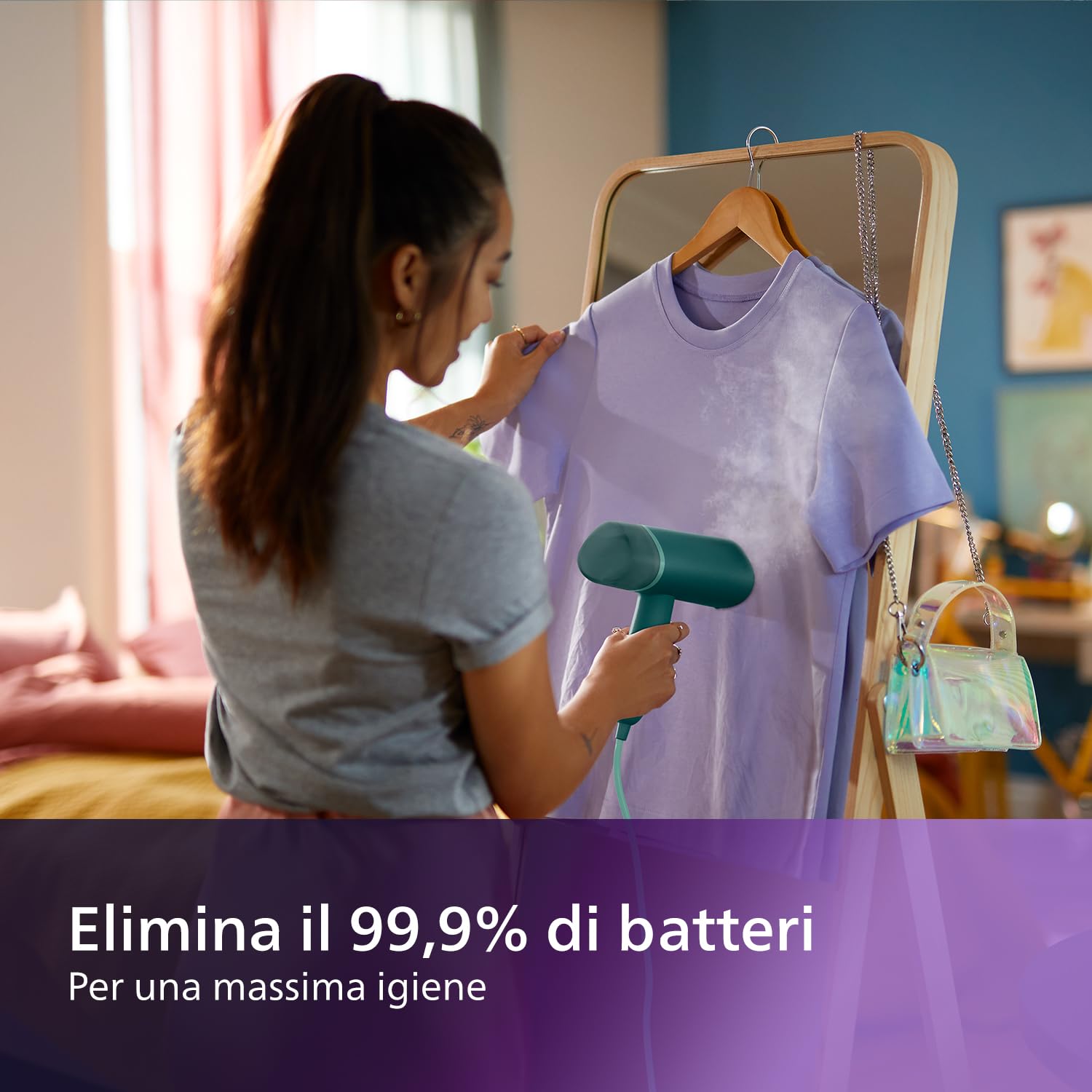 Philips 3000 Ferro da Stiro Verticale a Vapore Pieghevole, 20 g/min, 1000W | Pronto in 30 sec, Piastra Riscaldata, Custodia da viaggio, 120ml, Compatto e Pieghevole, Serbatoio 120ml, Verde (STH3020/70)