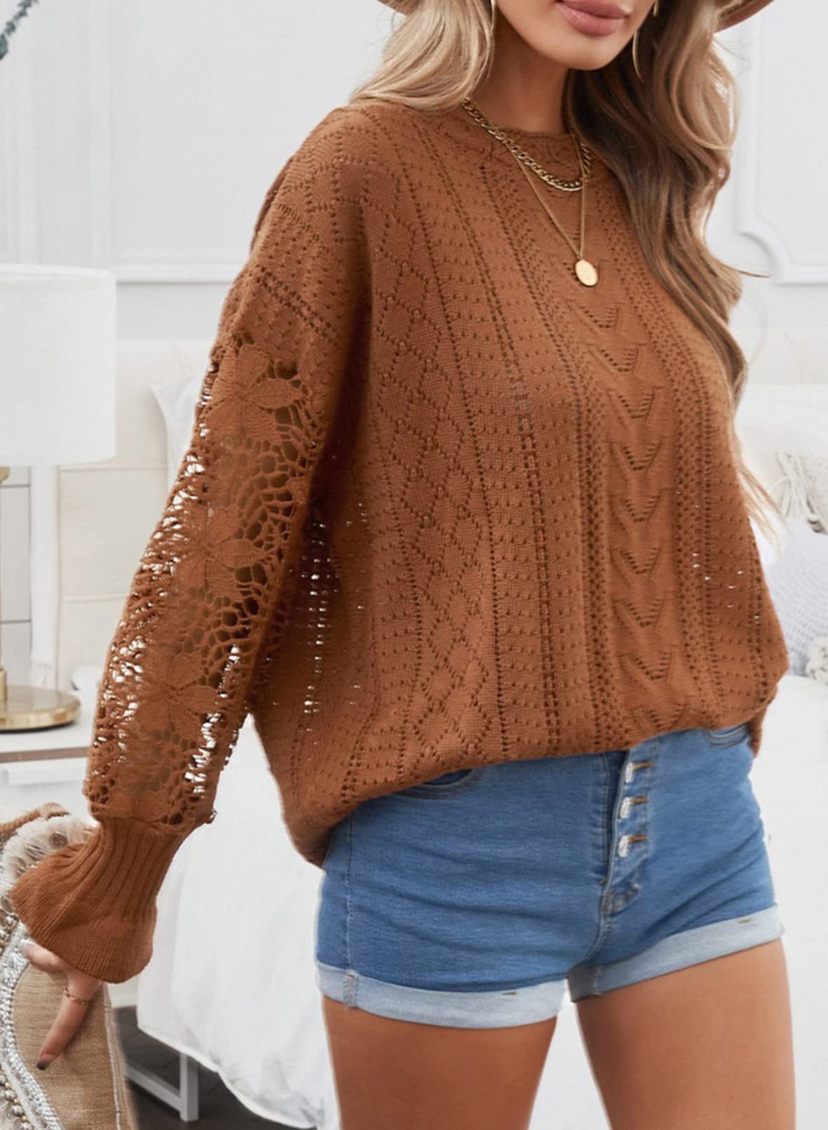 Strickpullover Damen mit Fledermausärmel aus Spitze, Rundhals Einfarbig Häkelpullover