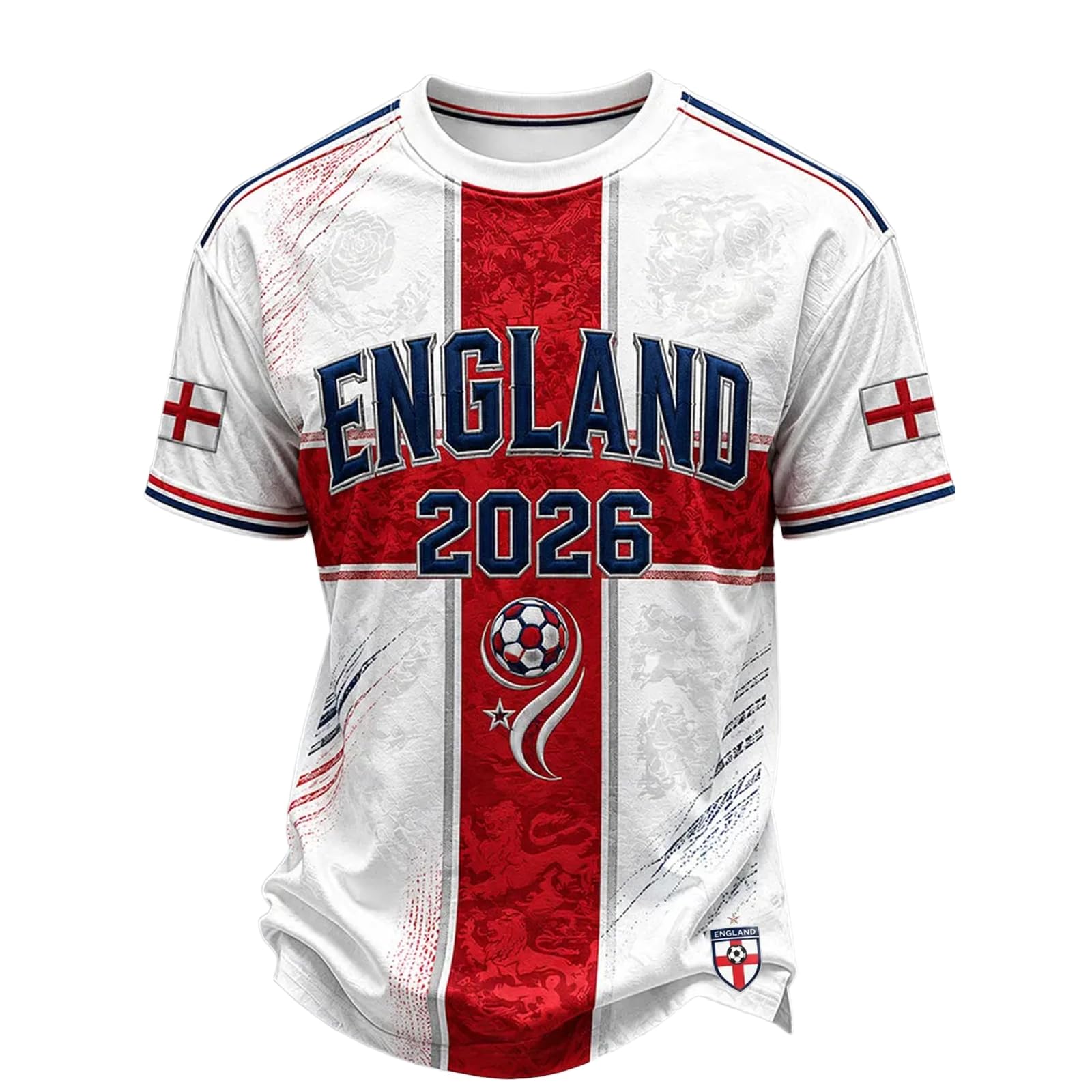 Men's England Football Shirt 2026 with Lion Print Short Sleeve Shirt for Supporters of Football Casual National Flag Print Top Outdoor Sports Shirts 01-Red 4XL — image 1
