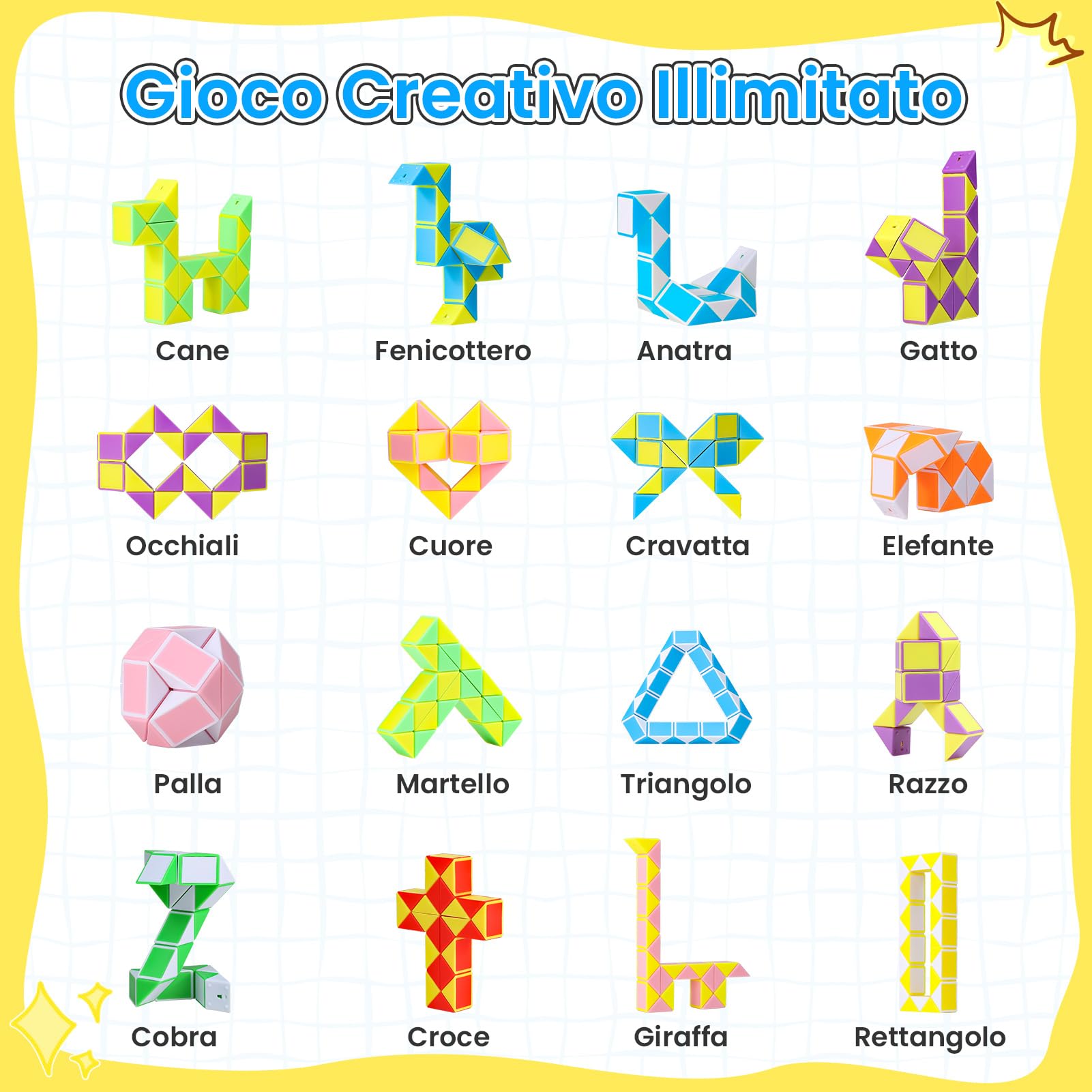 Cubo Serpente Magico, Confezione da 10 Pezzi, 24 Blocchi, Cubo Veloce, Idee Regalo per Feste, Giocattoli Rompicapo Serpente Girevole, Bomboniere per Bambini (Colore Casuale)