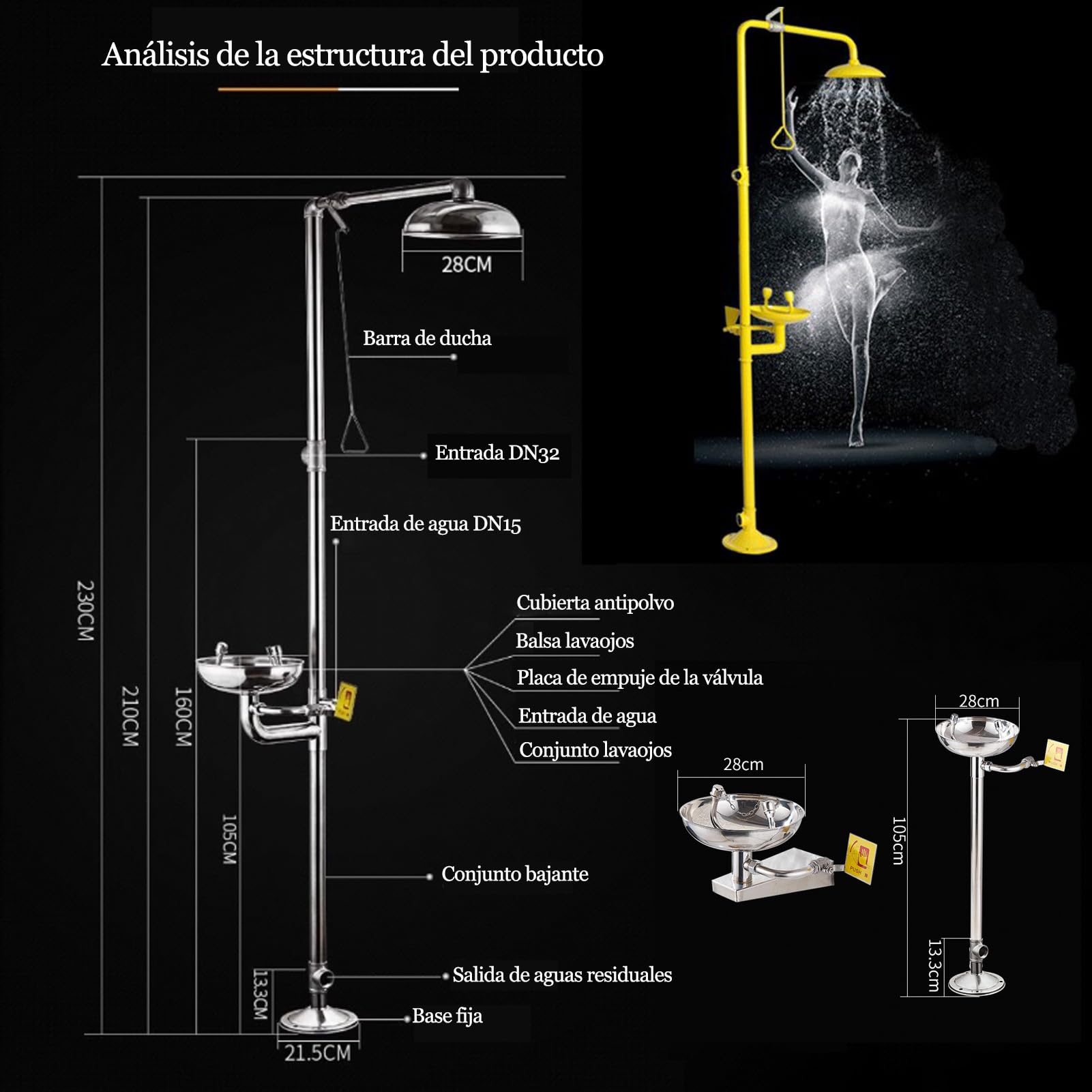 Estación de Lavado de Ojos y Ducha de Emergencia 2 en 1 | Acero Inoxidable 304 | para Fábrica, Laboratorio, Industria Química | Primeros Auxilios Plata