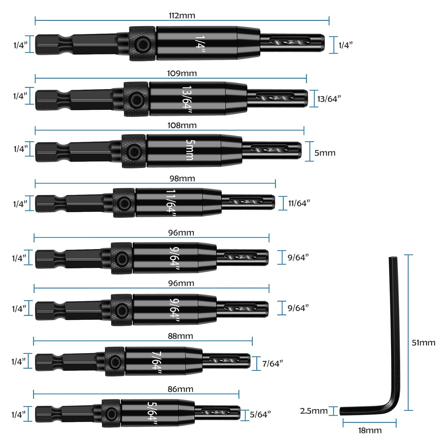 Self Centering Drill Bits Set for Hinges, Center Drill Bits VIX Bit Set with Black Plastic Storage Case for Wood Woodworking Door Window Cabinet Hinge Total 10 PCS (Black)