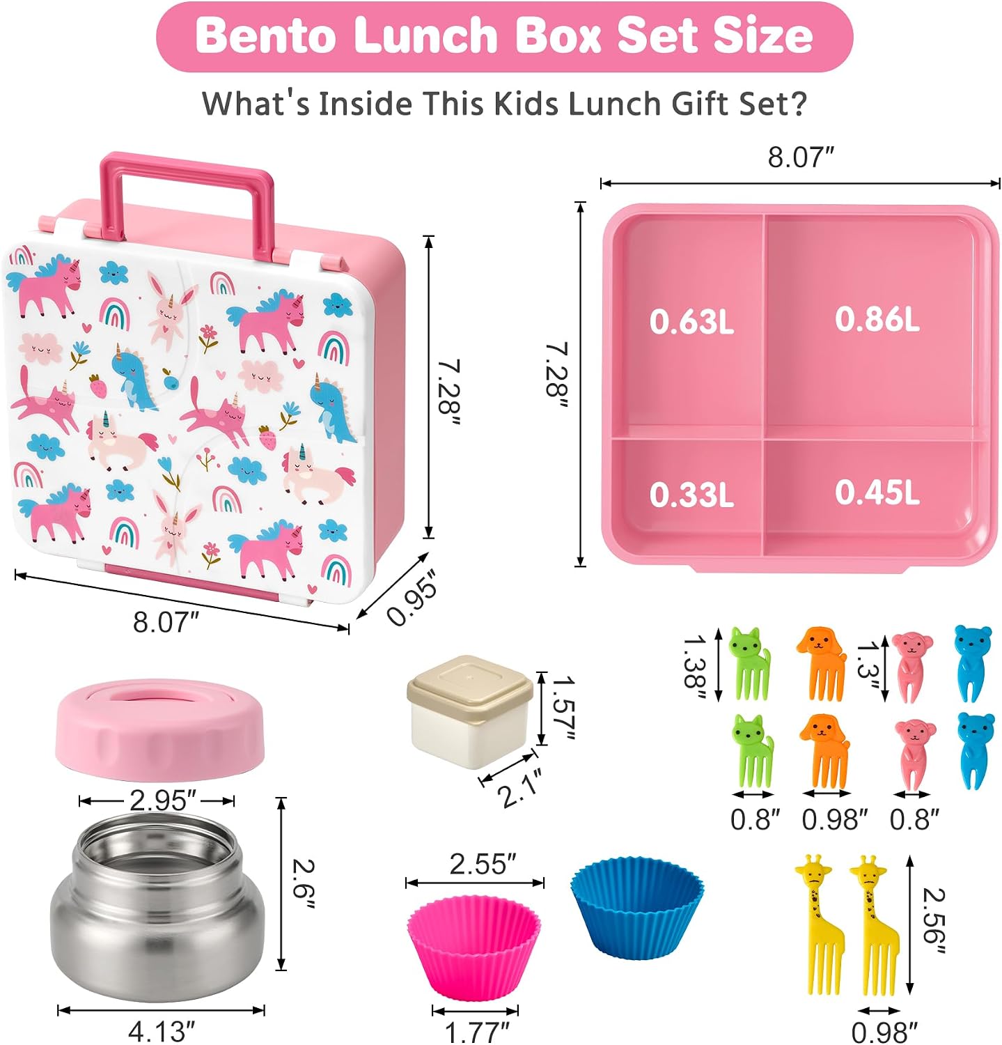 Bento Lunch Box with 9.5 oz Soup Thermo, Kids Leakproof 4 Compartments Bento Box with Silicone Cupcake,Fruit Fork,Spoon and Sauce Cup,Insulated Food Jar for School Travel-Rainbow Horse thumbnail