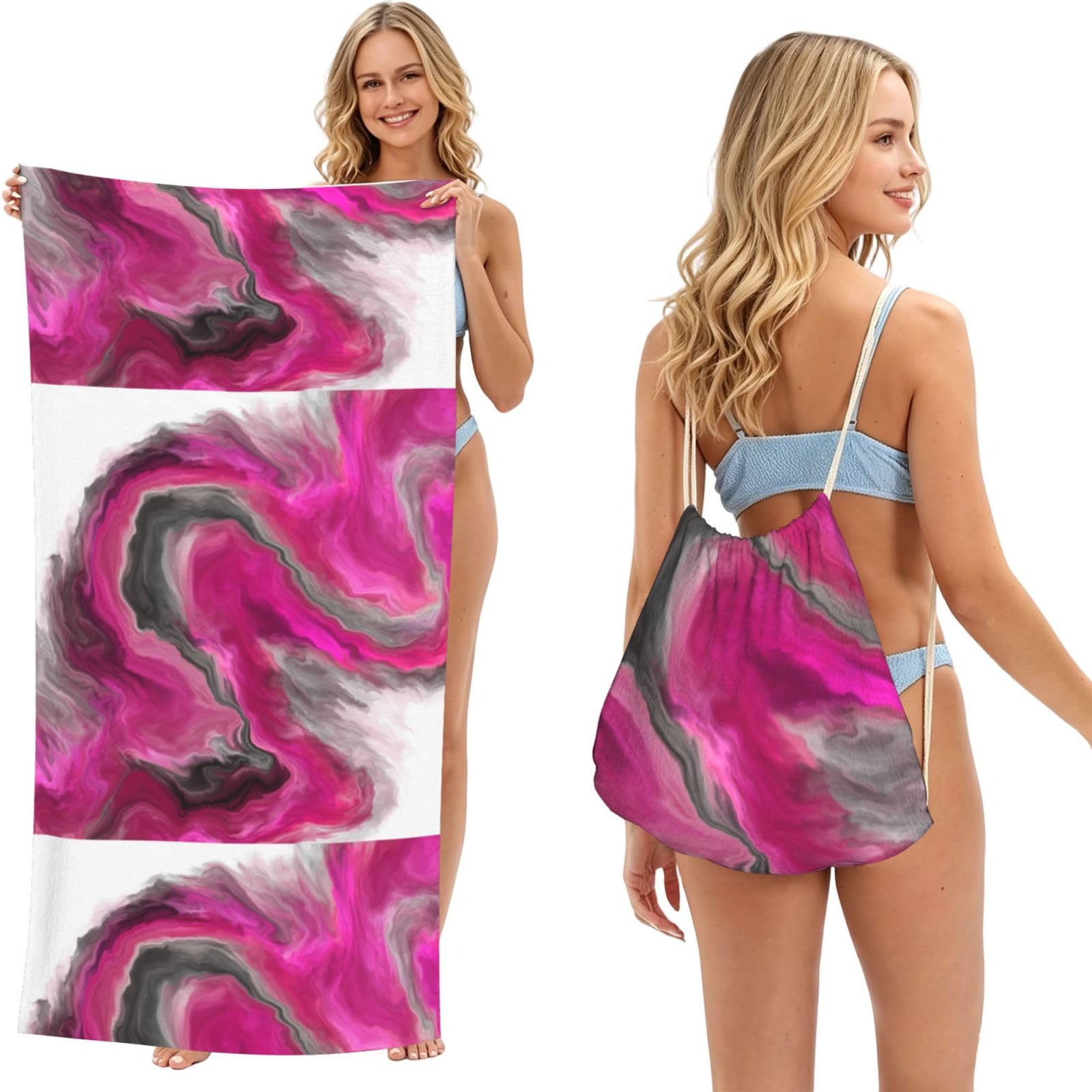 Poadnly As Picture Magenta Black Grey Jewel Tone Fluid Art Swirl, 2 In 1 Packable Towel Bag, Beach Towels With Drawstring Backpack For Travel Holiday Camping