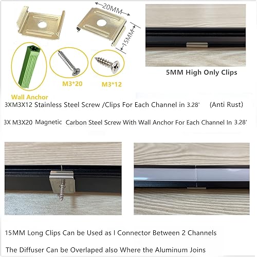 Miniatura 3 de Paquete de 10 tiras LED de 3.3 pies/3.3 ft difusor de canal de aluminio, cinta en forma de collar debajo del gabinete, estante flotante empotrado de