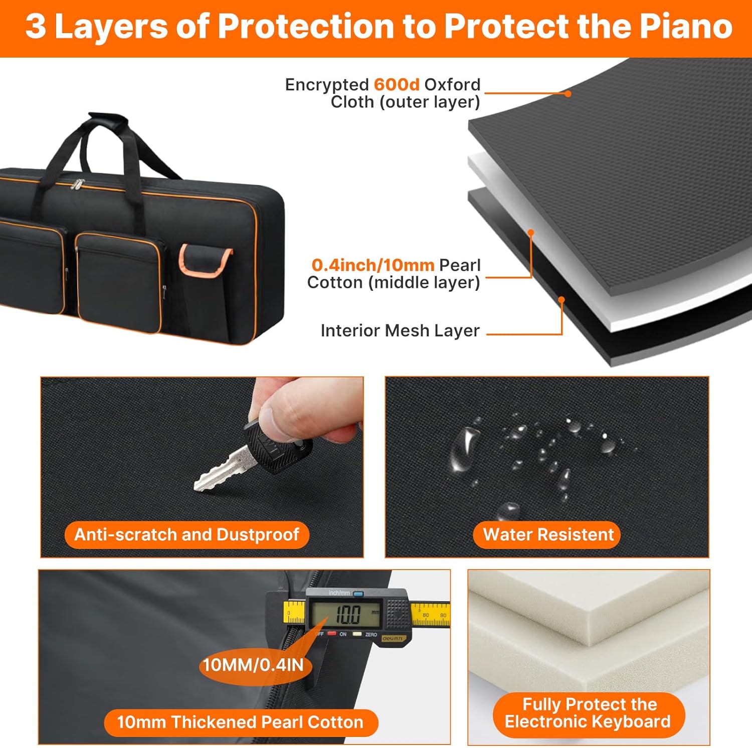 LIWSHWZ 76 Key Keyboard Case,Soft Padded Keyboard Gig Bag Case with Handle and Adjustable Shoulder Straps,46.4"X17.7"X5.7" keyboard Travel Bag 76 Key With 5-Pocket for Keyboard Accessaries