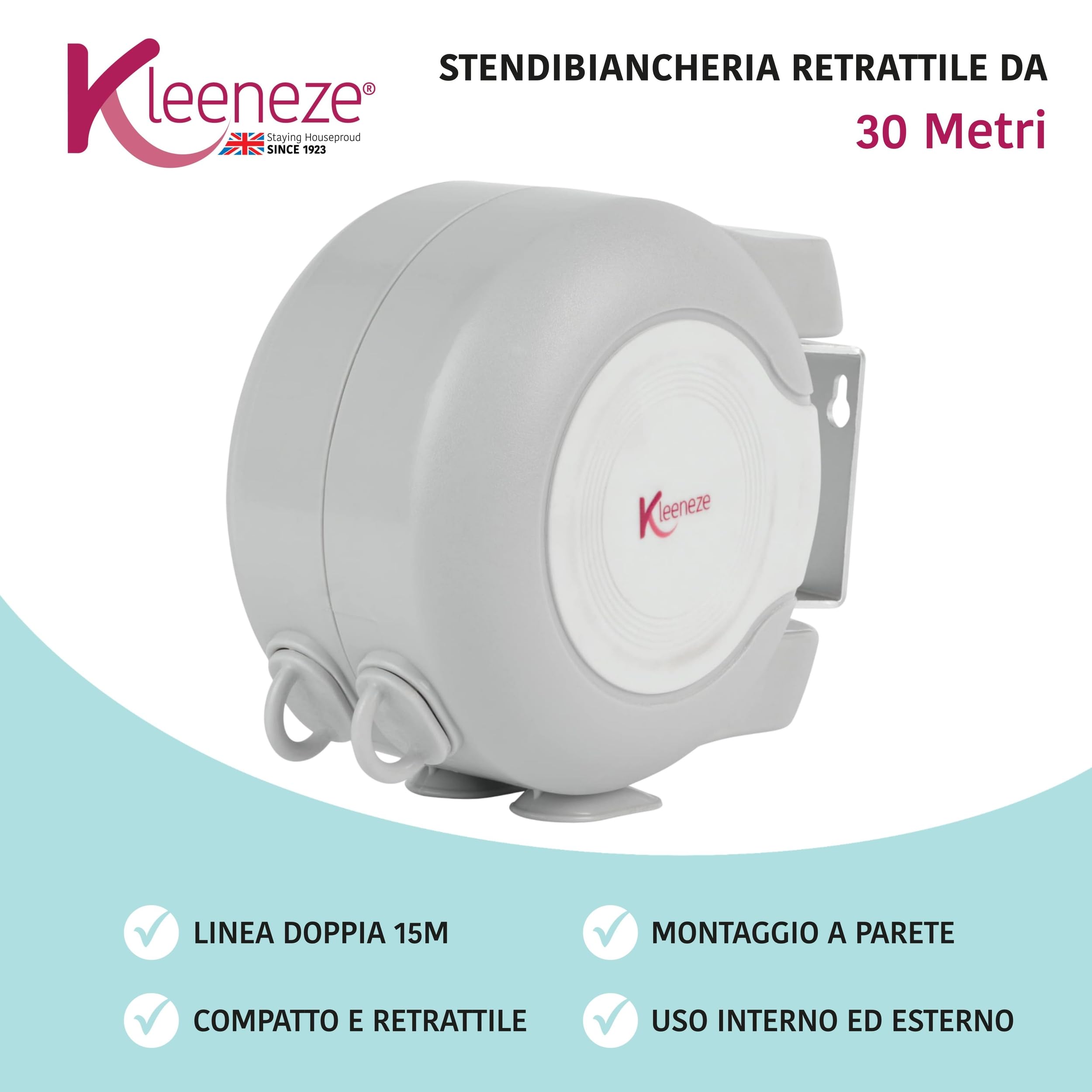 Kleeneze KL064332FEU7 30 Metre Retractable Clothing Line, Wall Mountable Washing Line with a Pivoting Bracket, Durable and Compact Design, Natural Drying Solution, Indoor and Outdoor Use, Grey